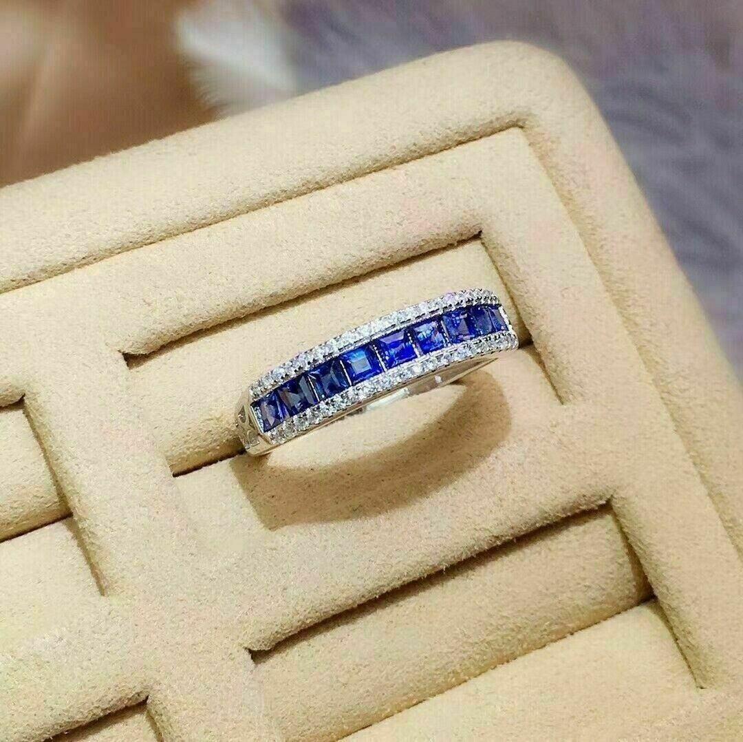 1.2CTW Blue Princess Cut CZ Art Deco Antique Style Wedding Band 925 Silver Ring
