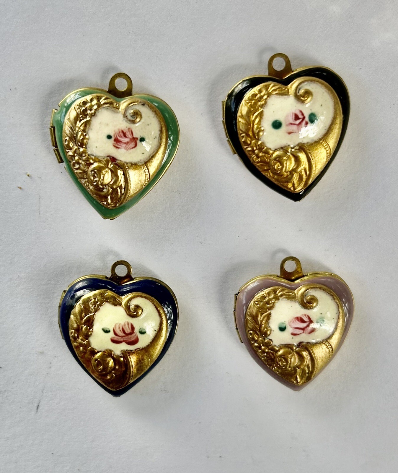 2 Vintage Enamel Heart Locket, Cornucopia, Floral 14k Gold Plated, Hand painted