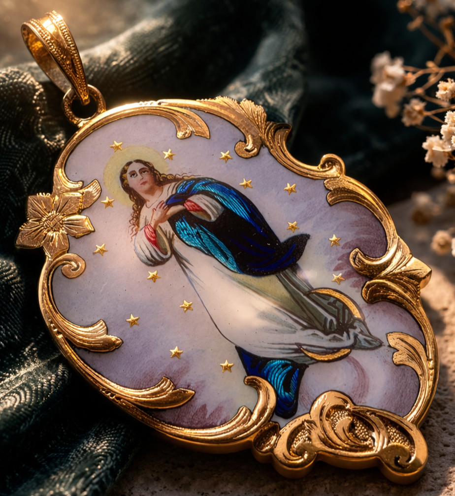Antique 18K Gold Enamel Virgin Mary Pendant – 19th Century Religious Medal Rare