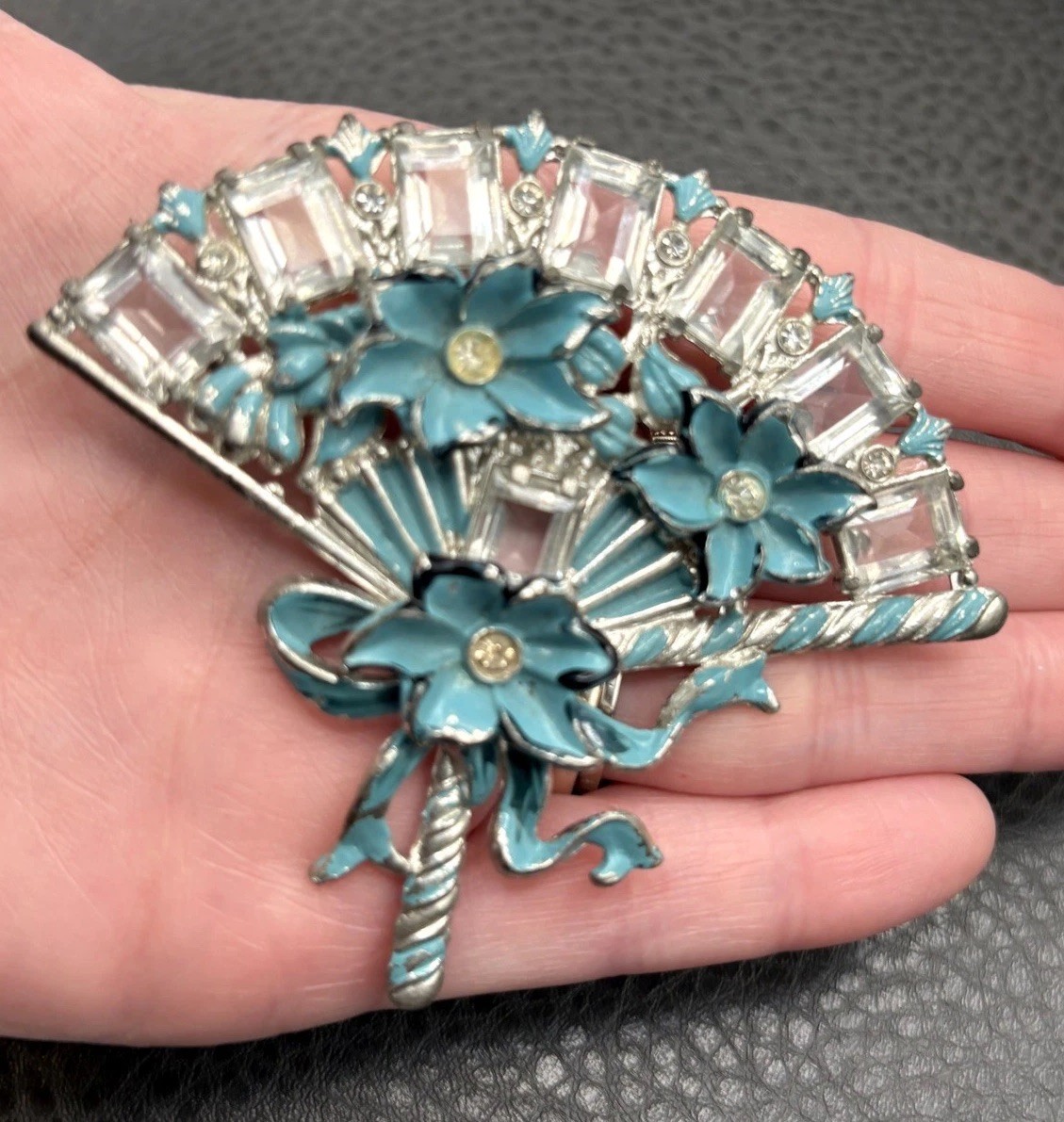 Vintage HUGE Deco Pot Metal Blue Enamel Flower Fan Ribbon Brooch Pin