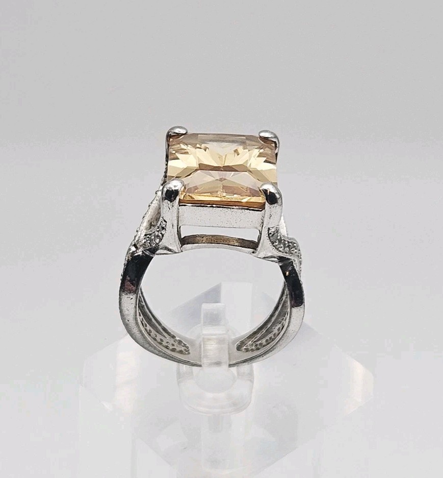 Sterling Silver Vintage 12.14ct Citrine & CZ Statement Ring Size 8