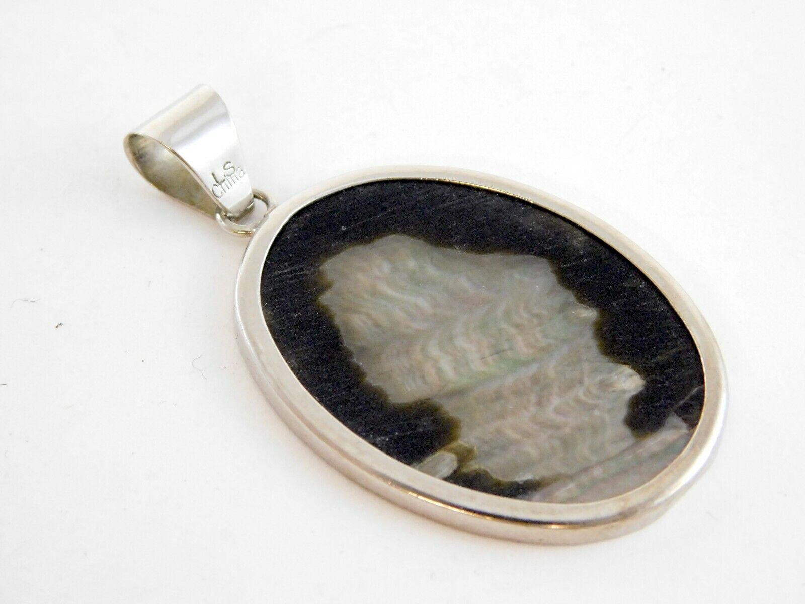 LS China Silver Tone Metal and Carved Abalone Shell Cameo Pendant 6.5g 2 Inches