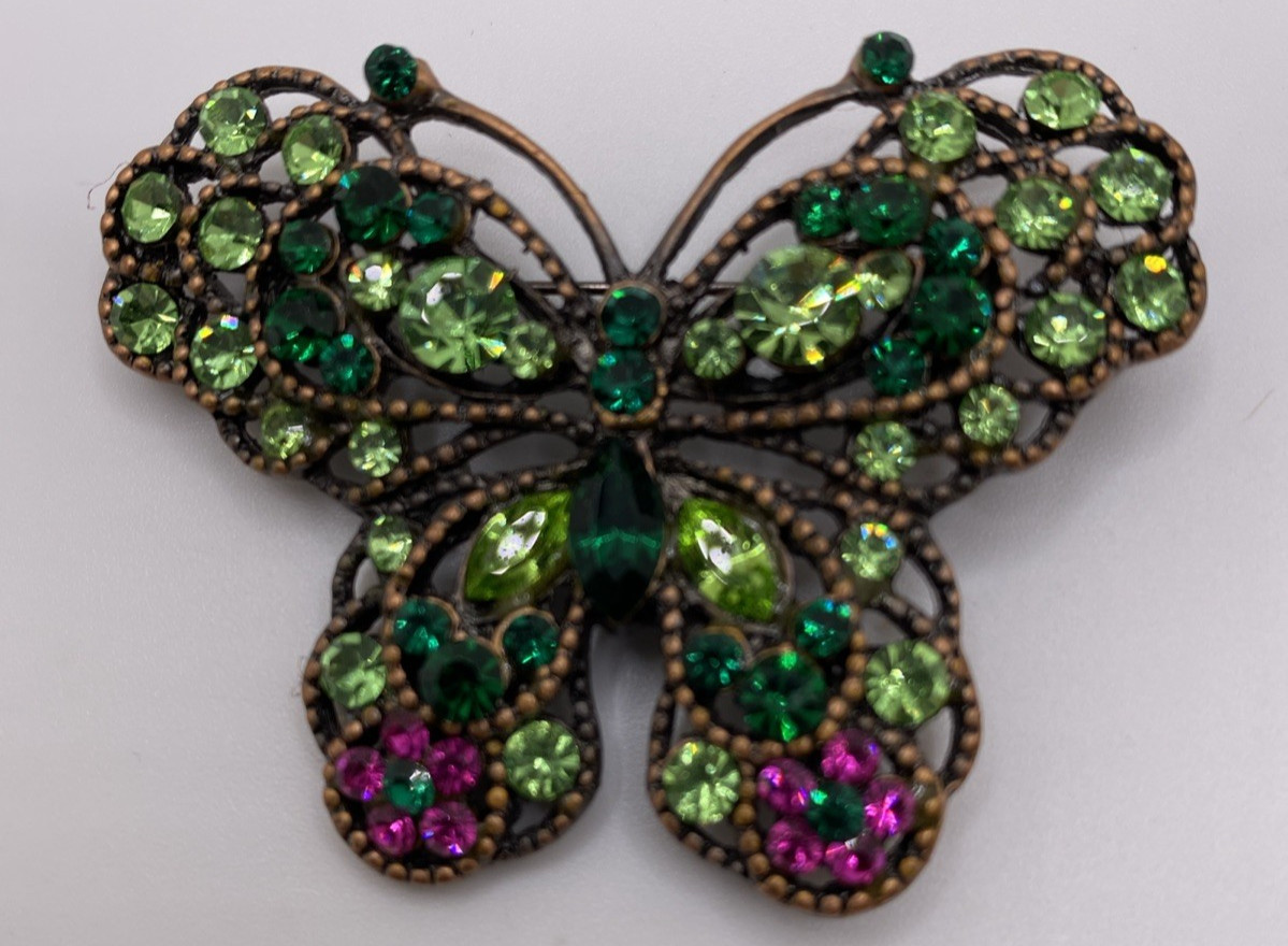Butterfly Brooch Pin With Green and Pink Rhinestones Vintage