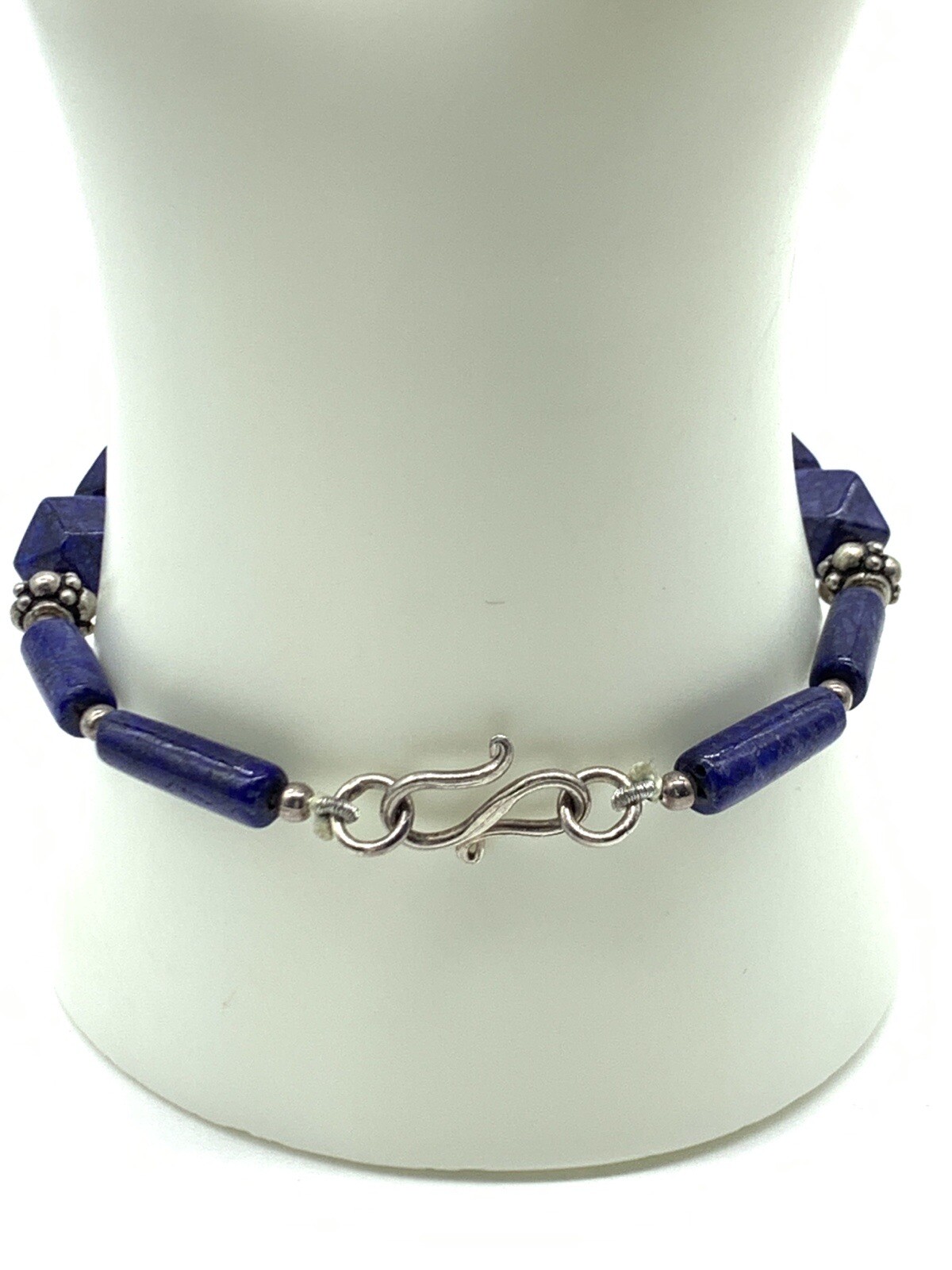 Vintage Denim Lapis Sterling Bracelet Bead Geometric S Hook Clasp 925 Artisan A2
