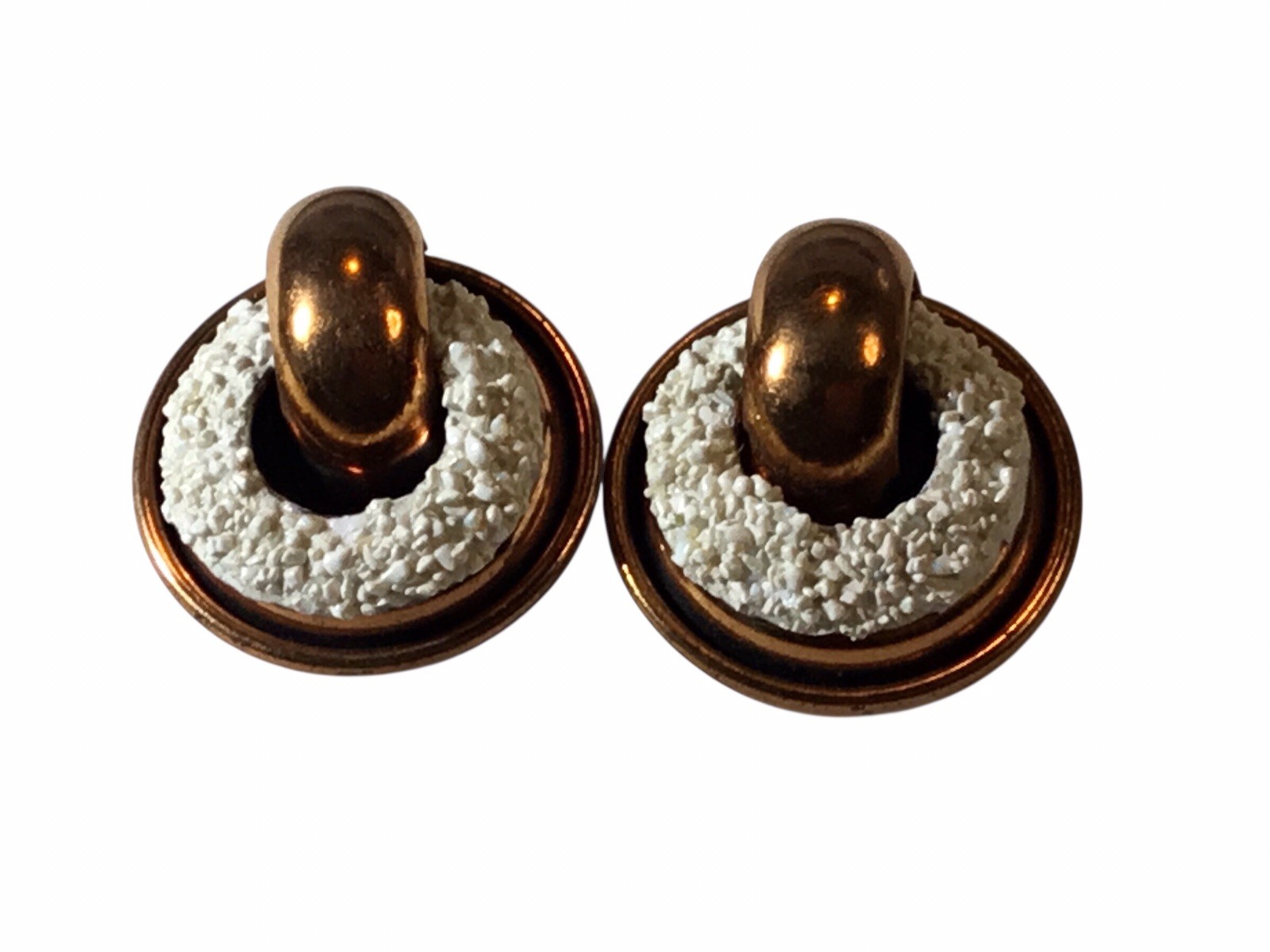 MATISSE Signed Copper Finish Vintage Clip On Earrings White Enamel Open Circle