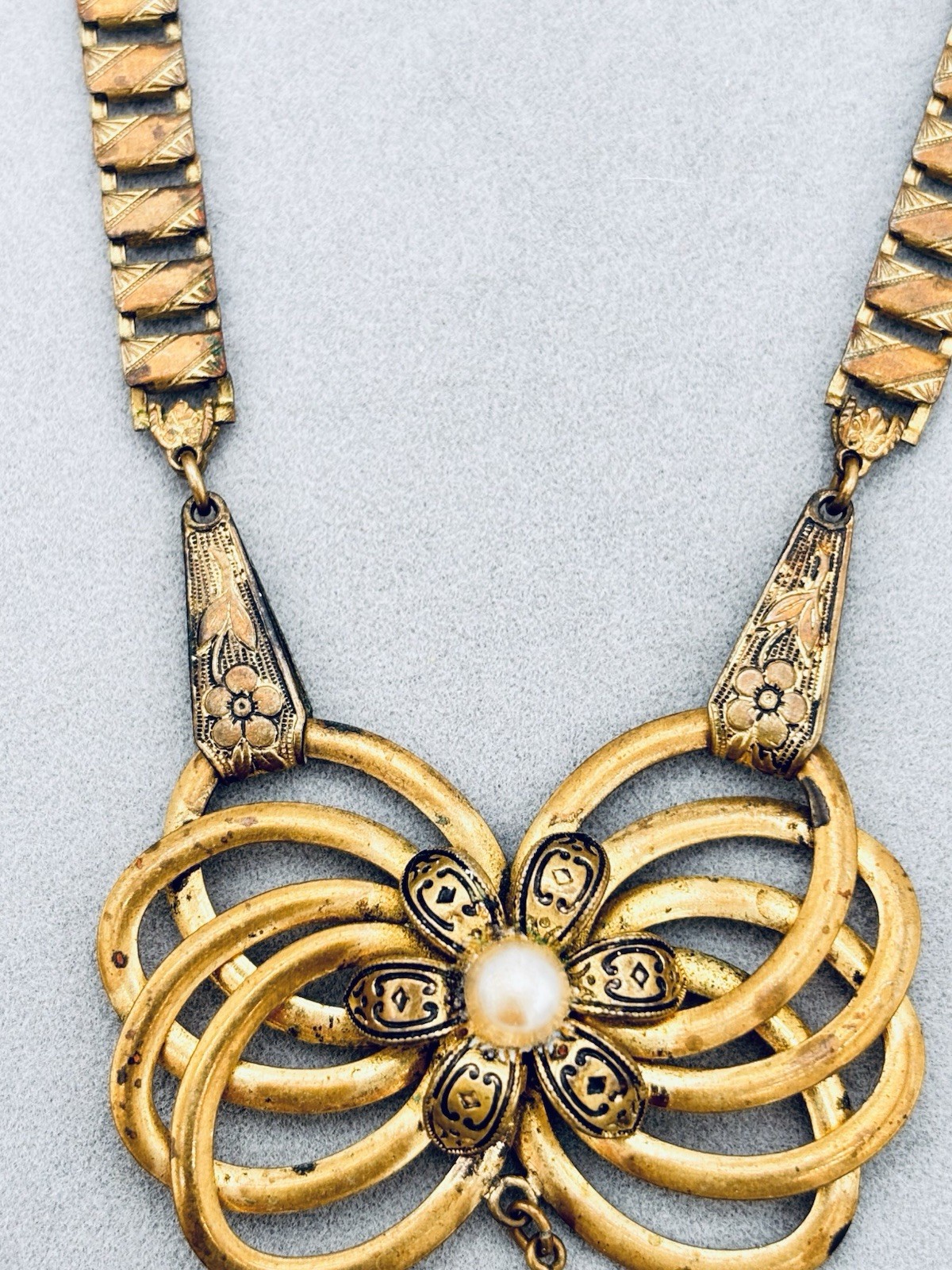 Antique Book Chain Gold Tone Necklace Floral Etched Bow Articulated Pendant