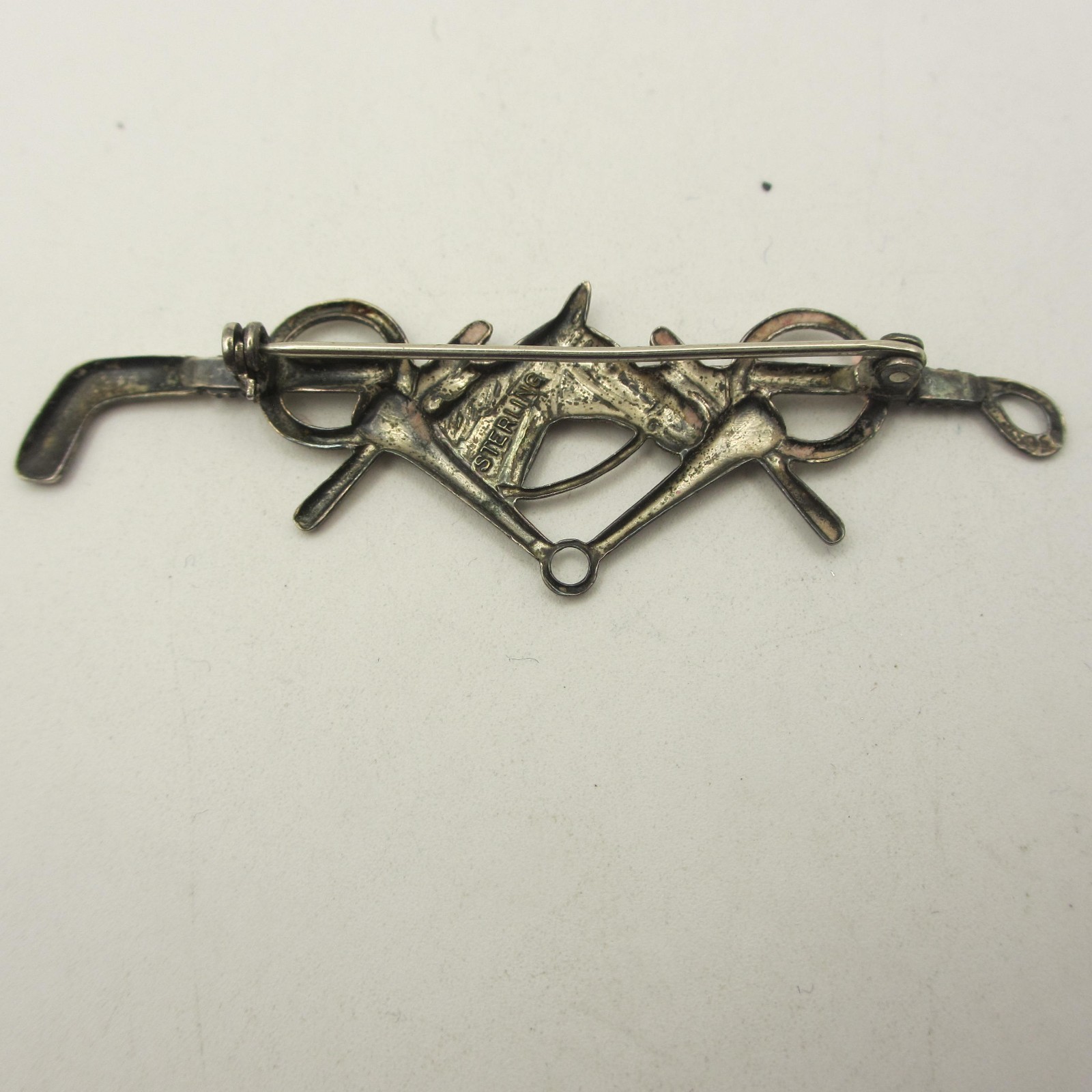 Vintage Horse Head Brooch Sterling Silver Equestrian Riding Crop Stirrup