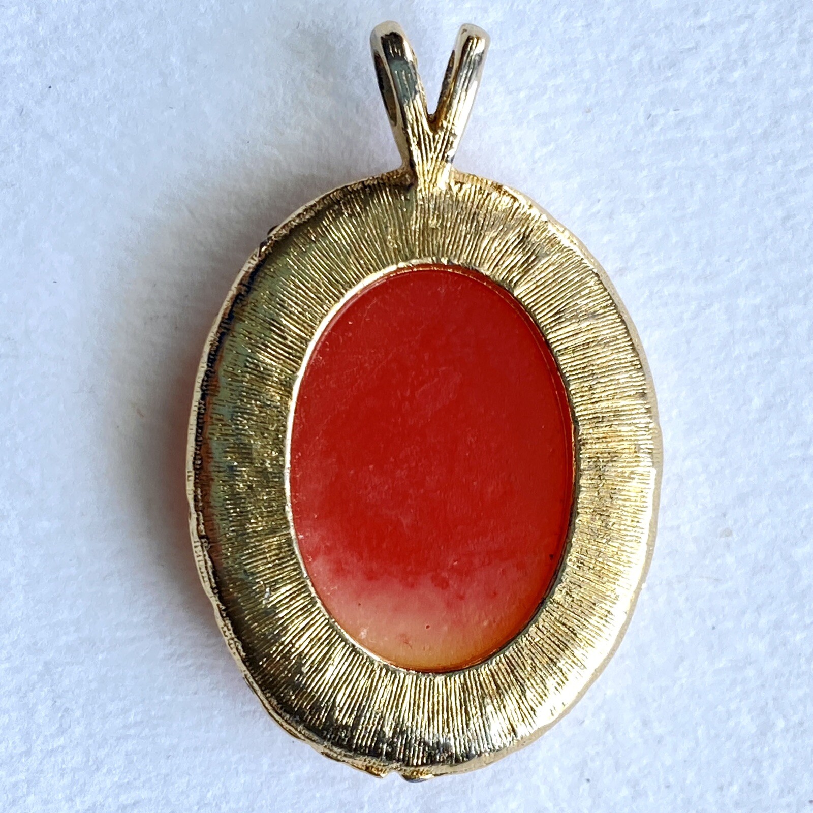 Vintage Romantic Cameo Woman Portrait Gold Tone Faux Orange & Cream Pendant
