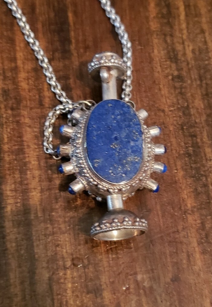 Vintage Sterling silver lapis Perfume Bottle Necklace 64 Grams