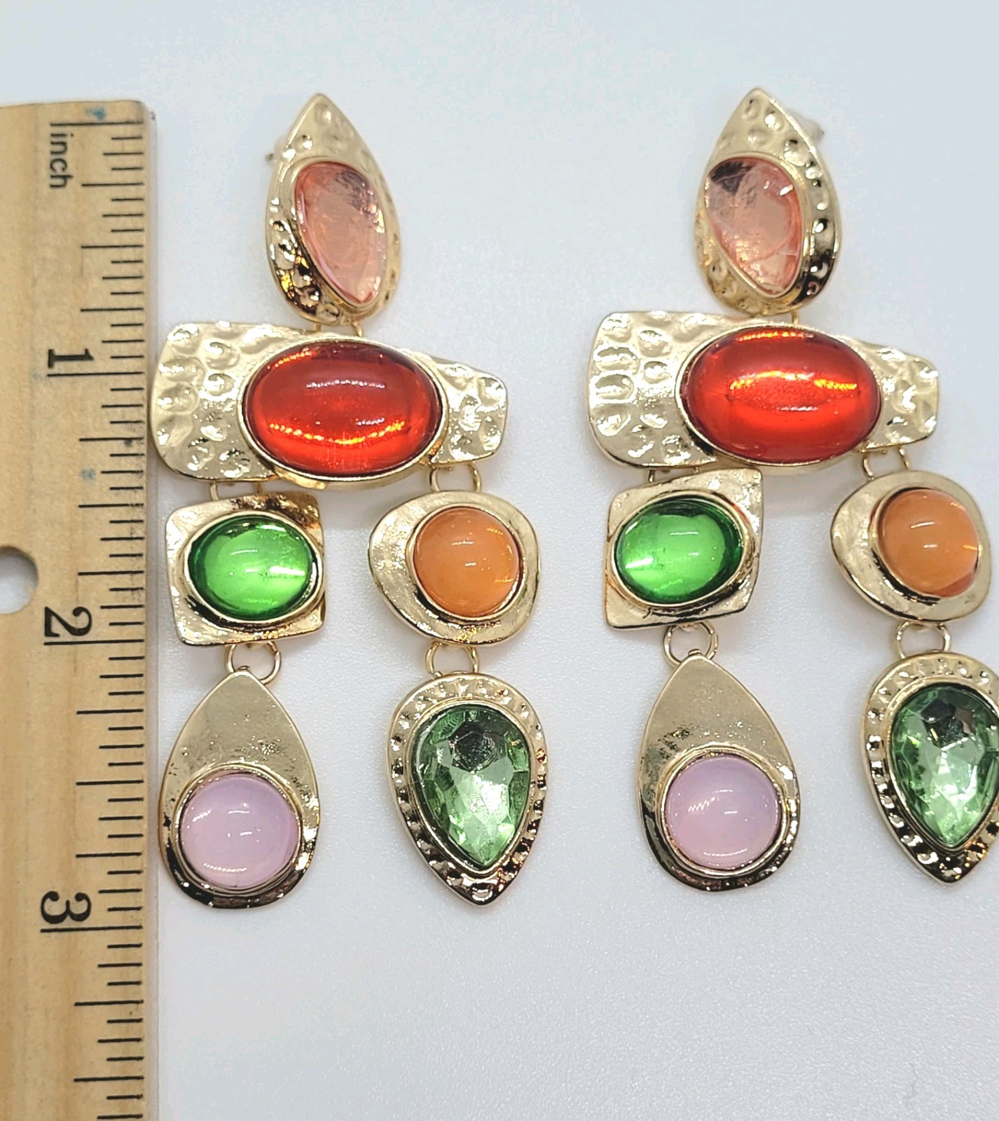 Retro GoldTone Multicolor Gemstone Dangle Drop Oversized Statement Post Earrings