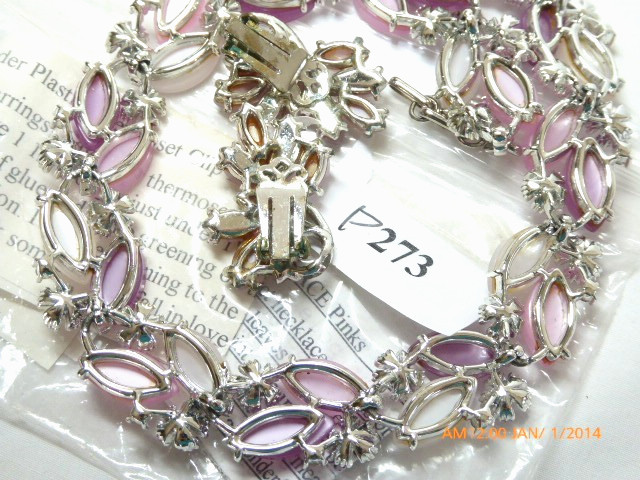 RARE LISNER LAVENDER MOONGLOW THERMOSET ENAMEL RHINESTONE NECKLACE EARRINGS