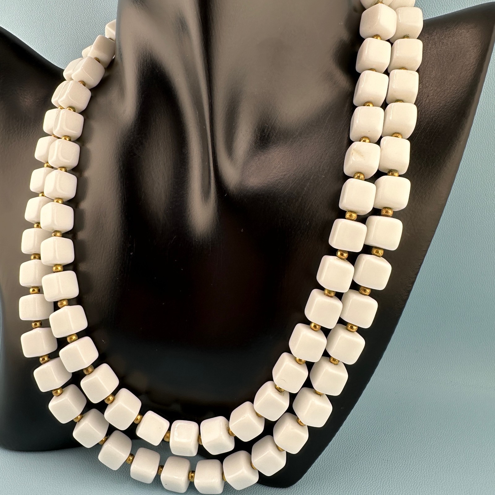 Vintage White Milk Glass Necklace Double Strand Square Shape Bead Retro Mod 18″