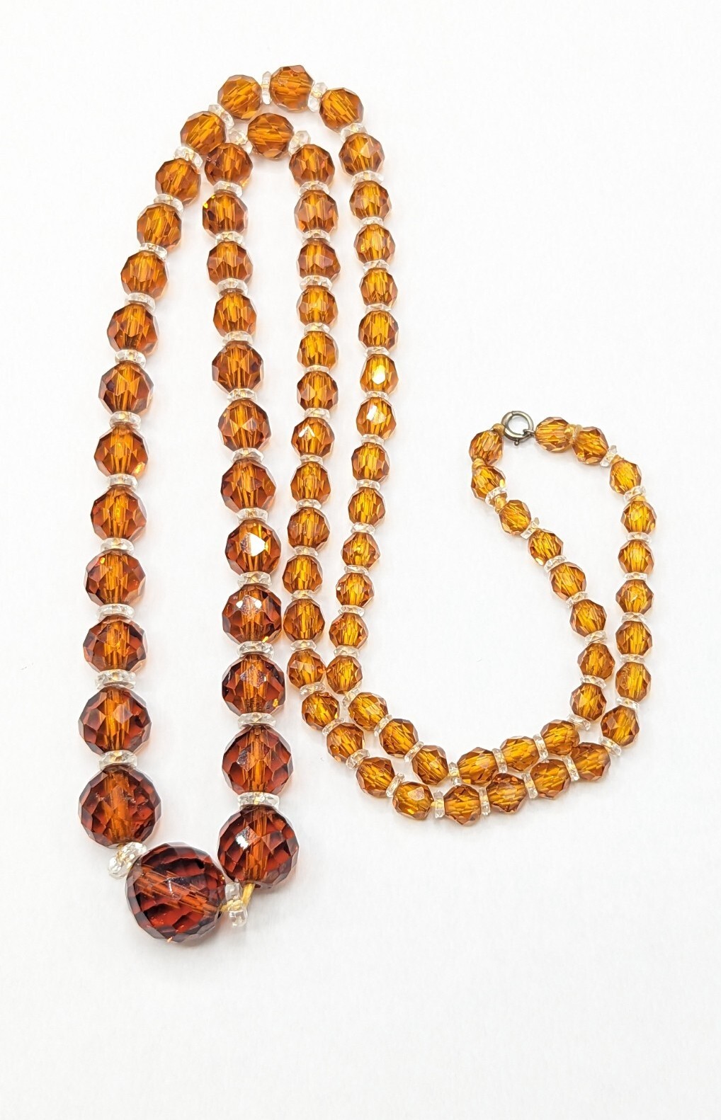 Faceted Amber Topaz Colored Glass Clear Crystal Graduated Bead Necklace 28″