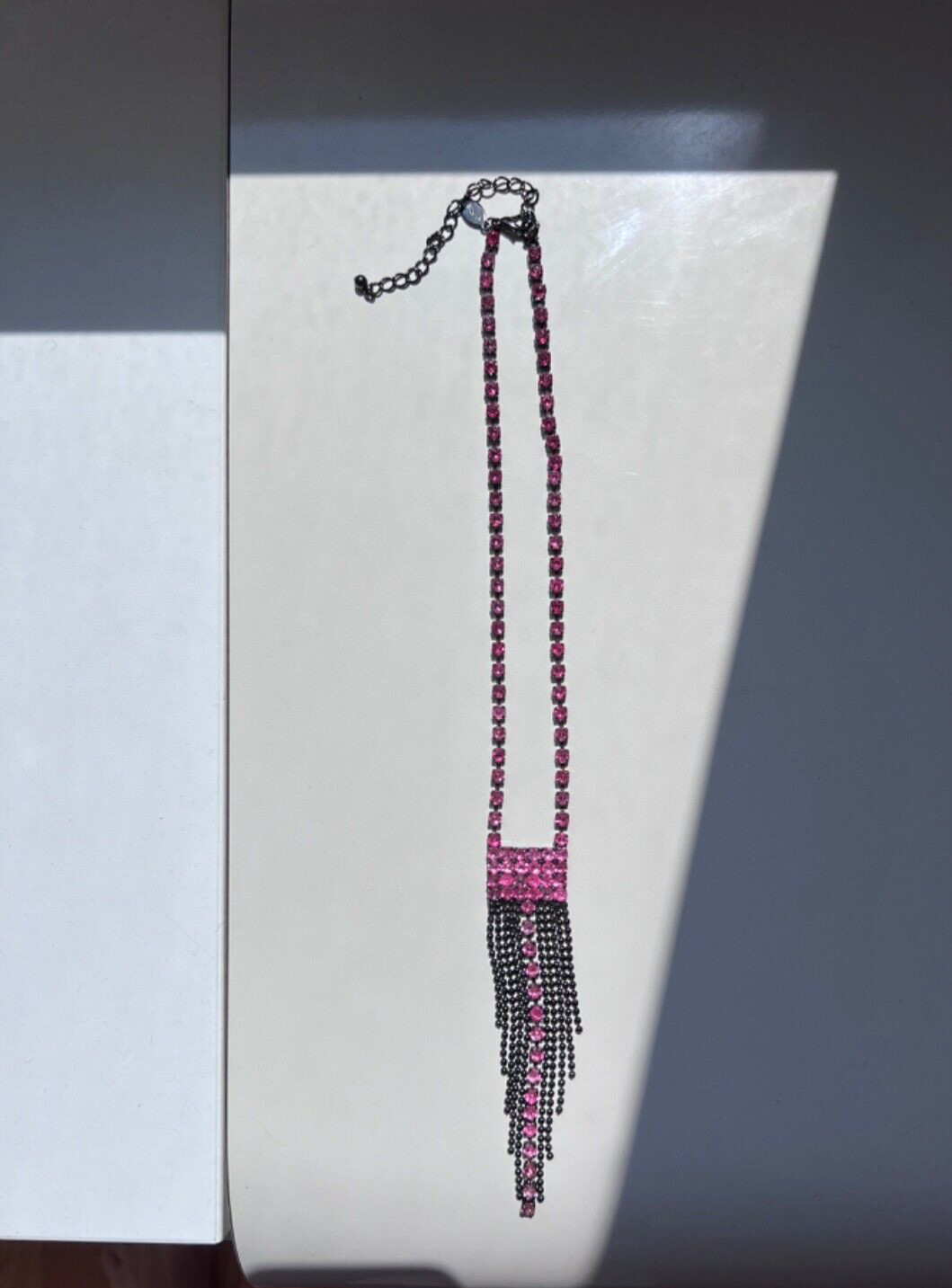 Vintage pink rhinestone gunmetal fringe necklace 90s 00s adjustable 14.5-18 in