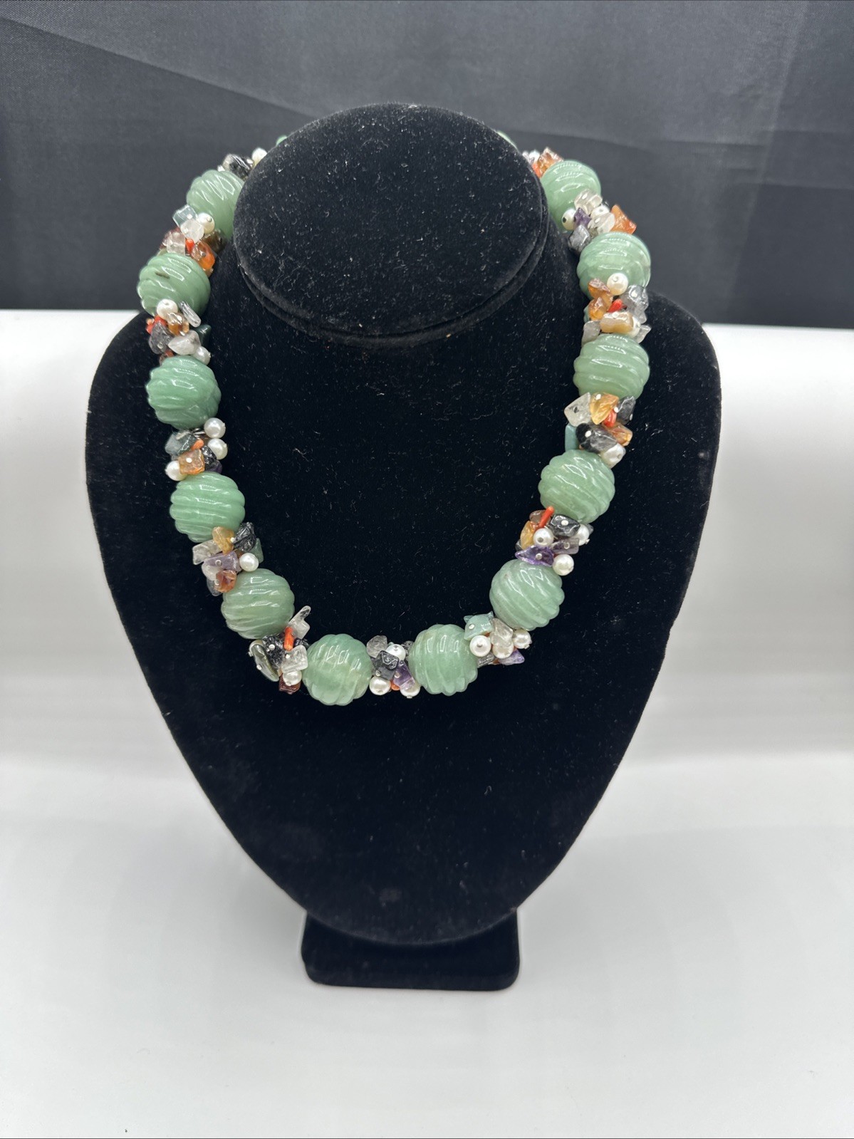Unique Jadeite and Semiprecious Stones Vtg Necklace. Sterling Silver Closure.