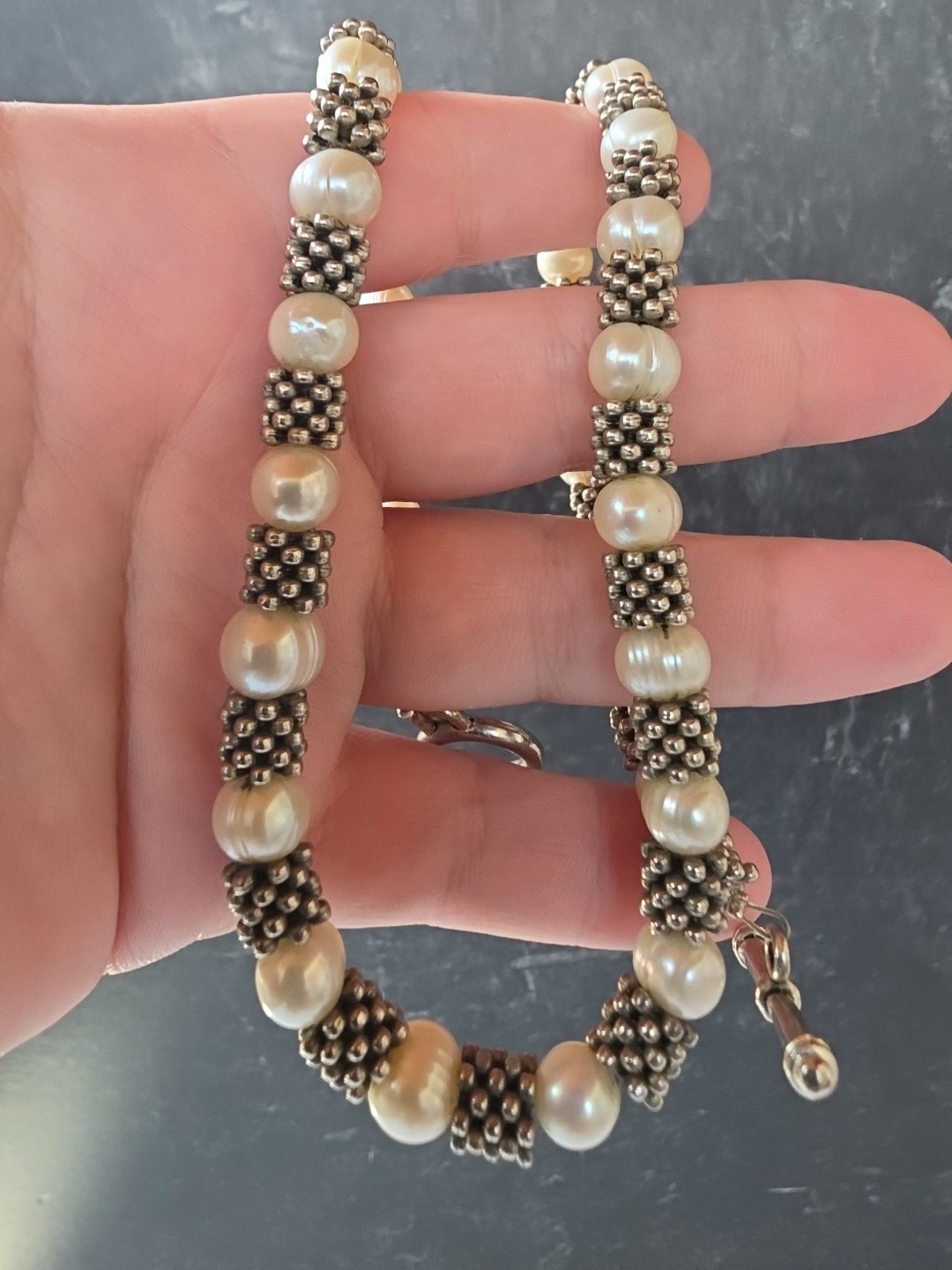 Real Pearl Silver Tone Metal Beaded Necklace Toggle Closure Vintage