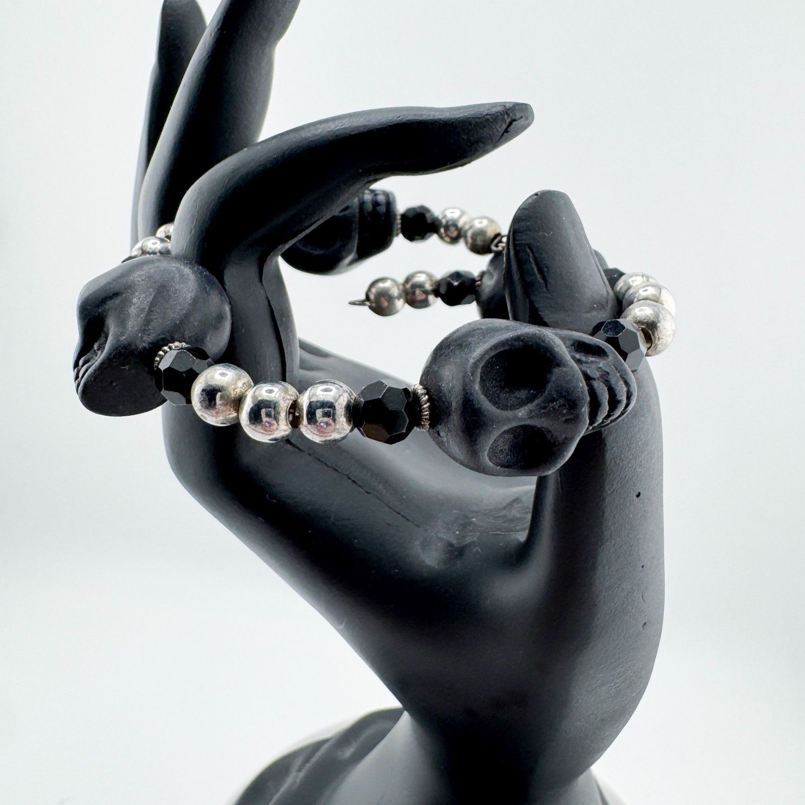 Black Skull & Silver Tone Beaded Stretchy Bracelet Gothic Edgy Rocker Punk Retro