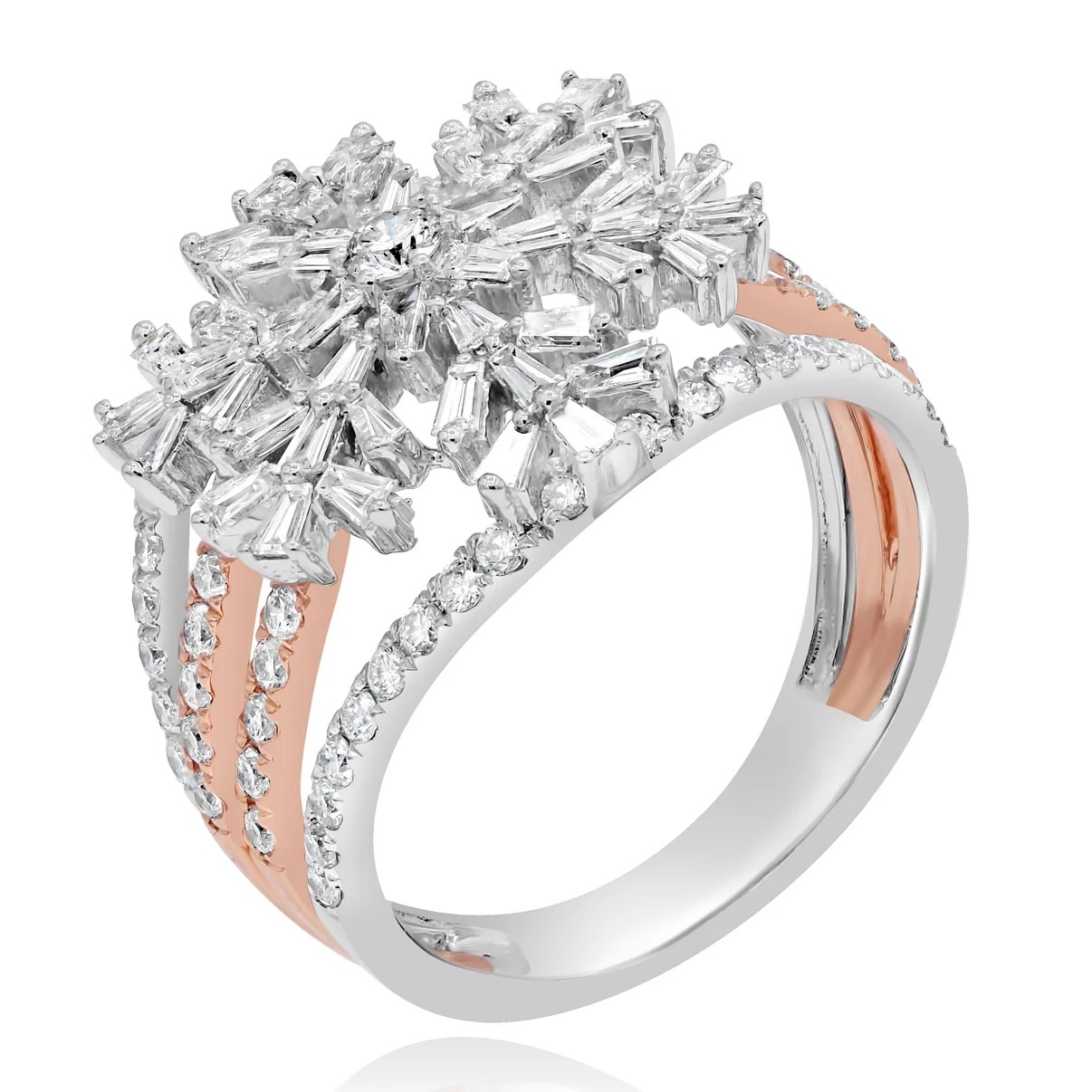 LARGE 1.53CT DIAMOND 14KT WHITE GOLD ROUND & BAGUETTE FLOWER STAR SNOWFLAKE RING