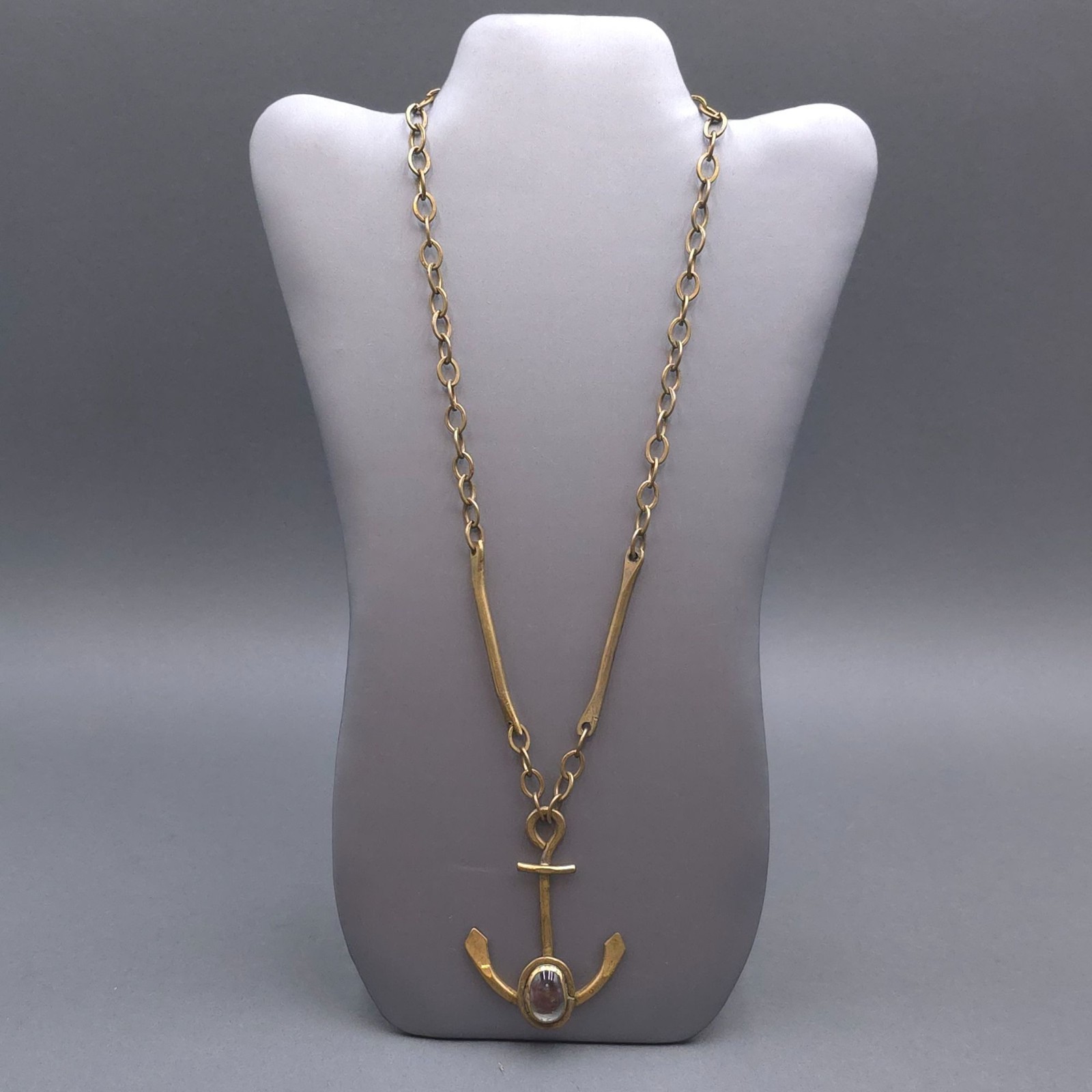 Vintage Brass Anchor Pendant Necklace Brutalist Glass Cabochon Statement Piece