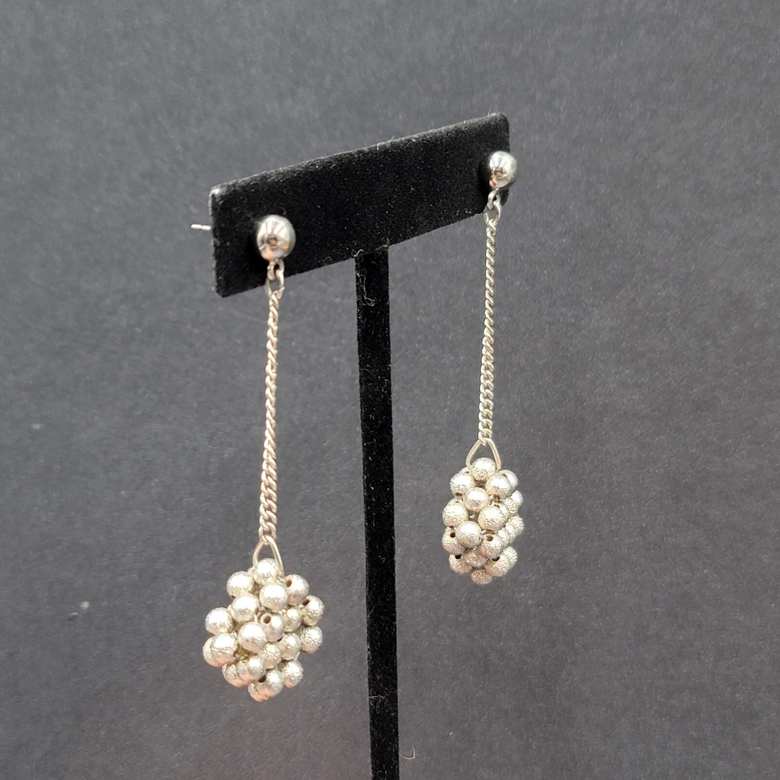 Vintage Pierced Earrings Silver tone Bead Cluster Dangle Unique 2.5″