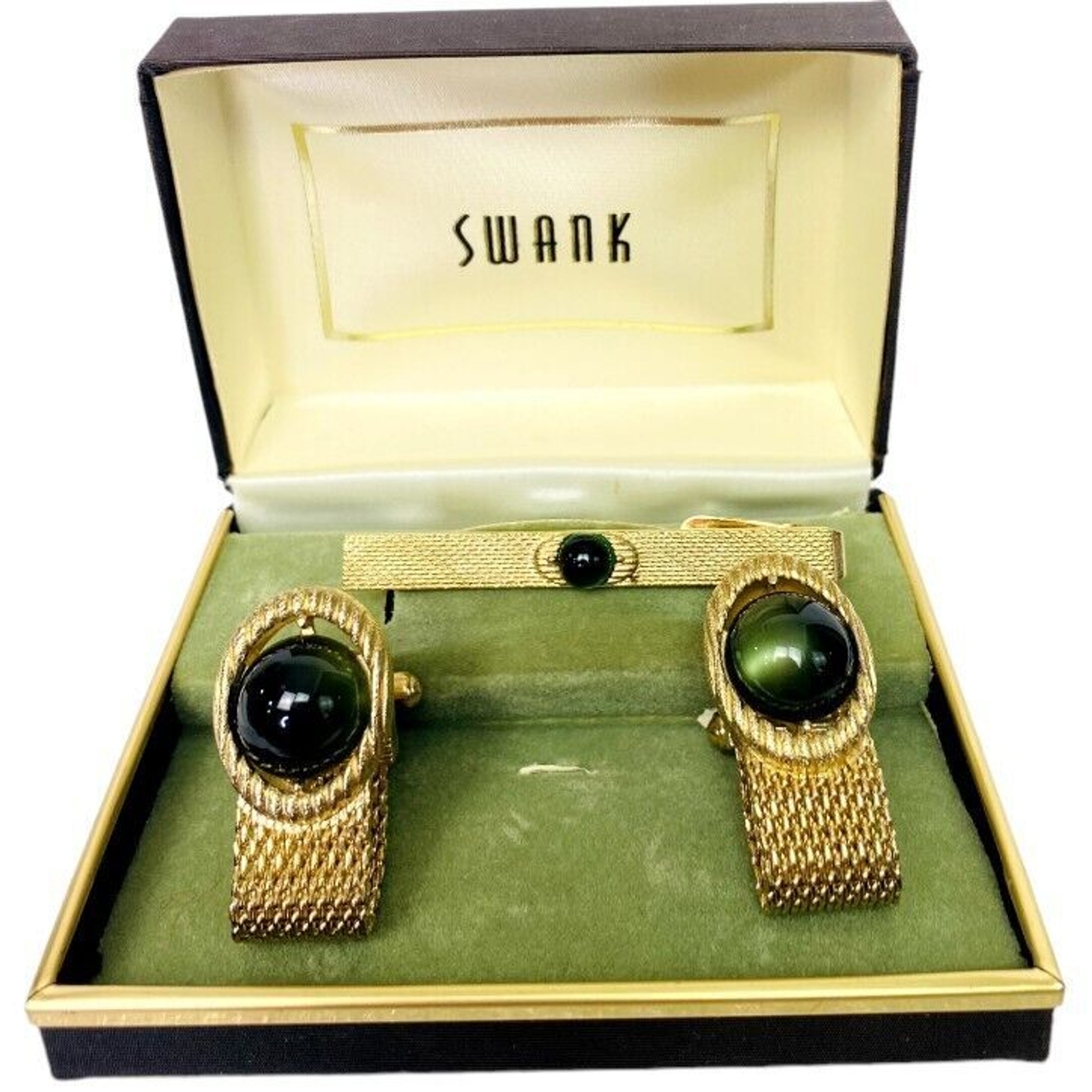 SWANK Green Cabochon Wraparound Mesh Fold over Cuff Links & Tie Clip Vintage
