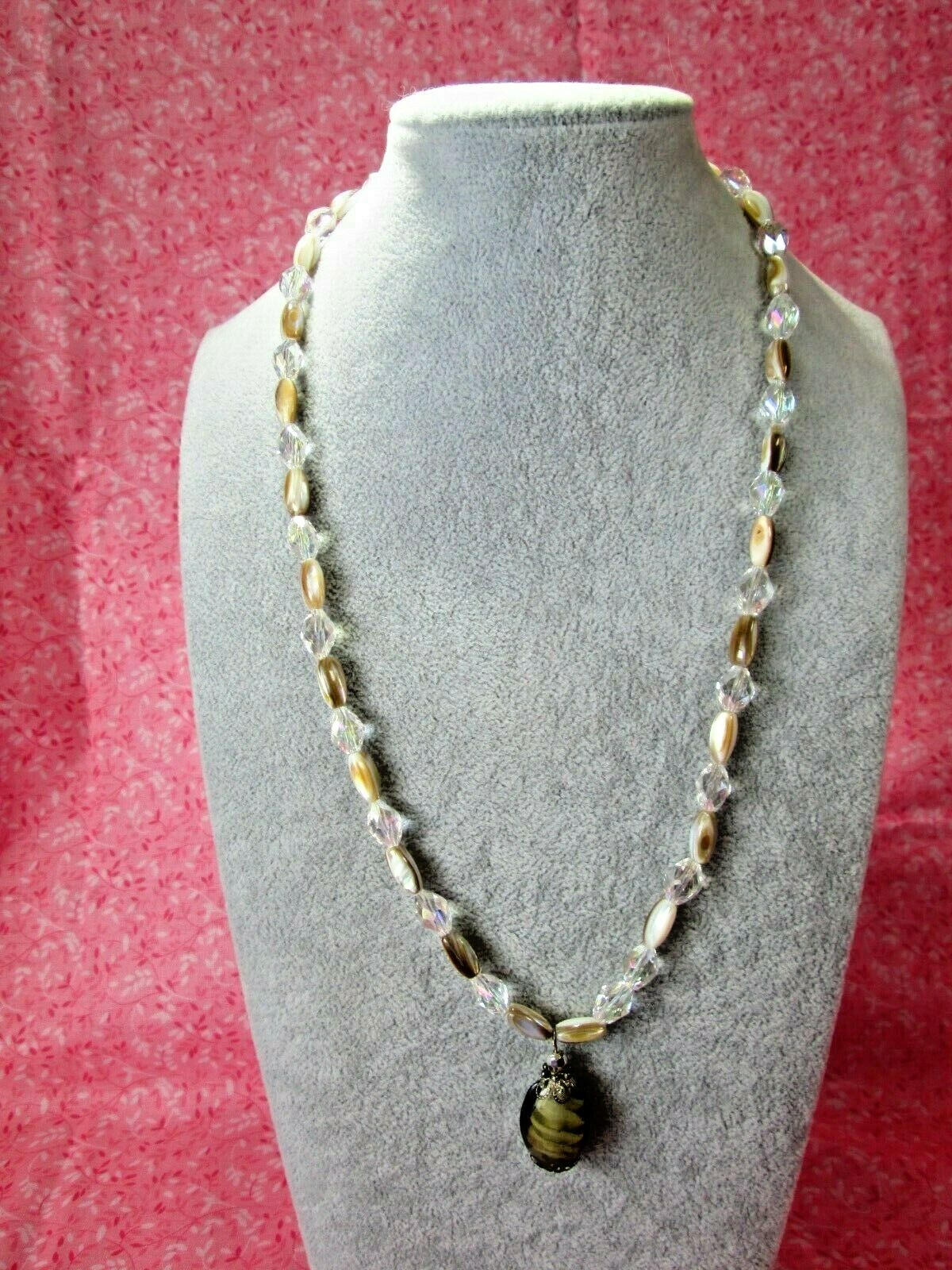 Glass Shell & Acrylic Bead Pendant Necklace 23″ / Neutral Tones & Clear / F