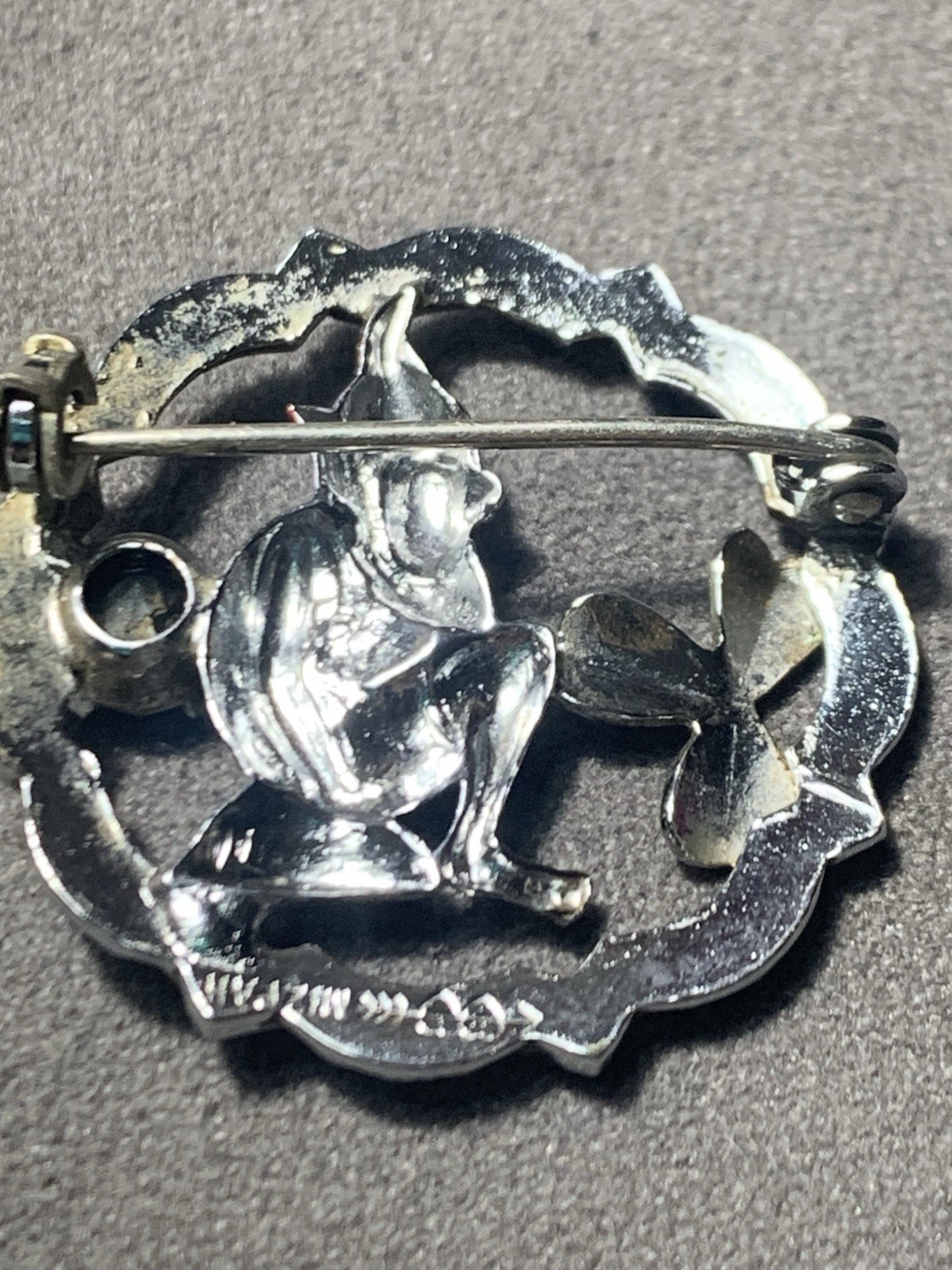 Vintage Irish Leprechaun Brooch Signed Mizpah w/ 3 Leaf Clover & Rhinestone