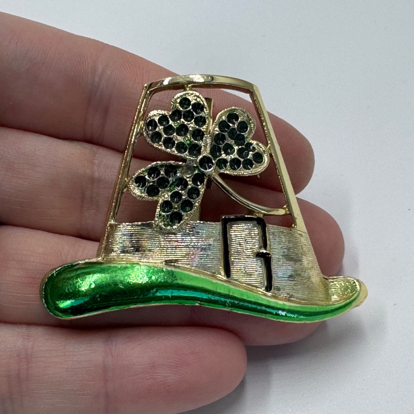 Vintage BJ Leprechaun Hat Shamrock Lapel Pin Green Gold Tone Irish B.J.