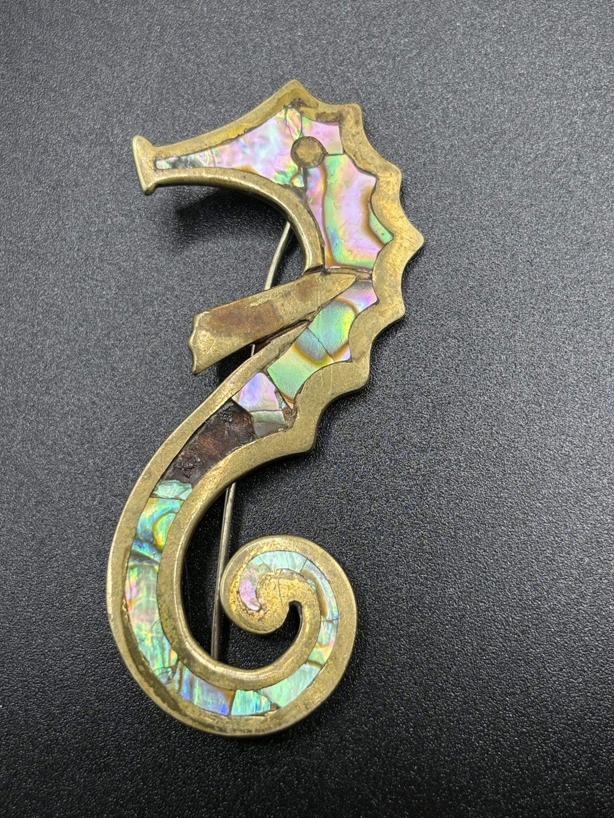 Vintage Los Castillo Taxco Brooch Seahorse Pin Inlay MOP Brass Signed 3” Read
