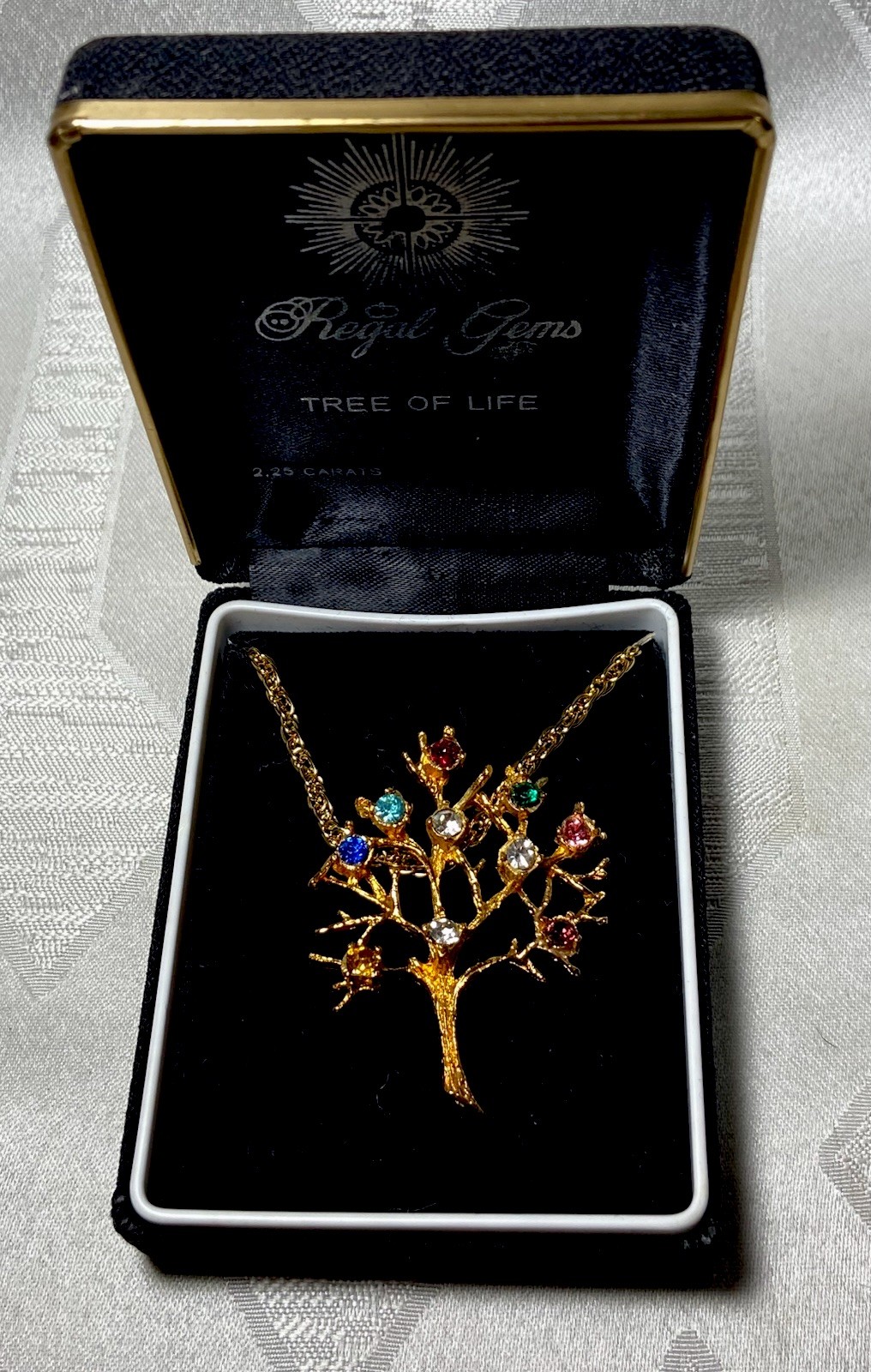 Vintage Regal Gems “Tree Of Life” Gold Tone Multicolor Rhinestone Necklace W/Box