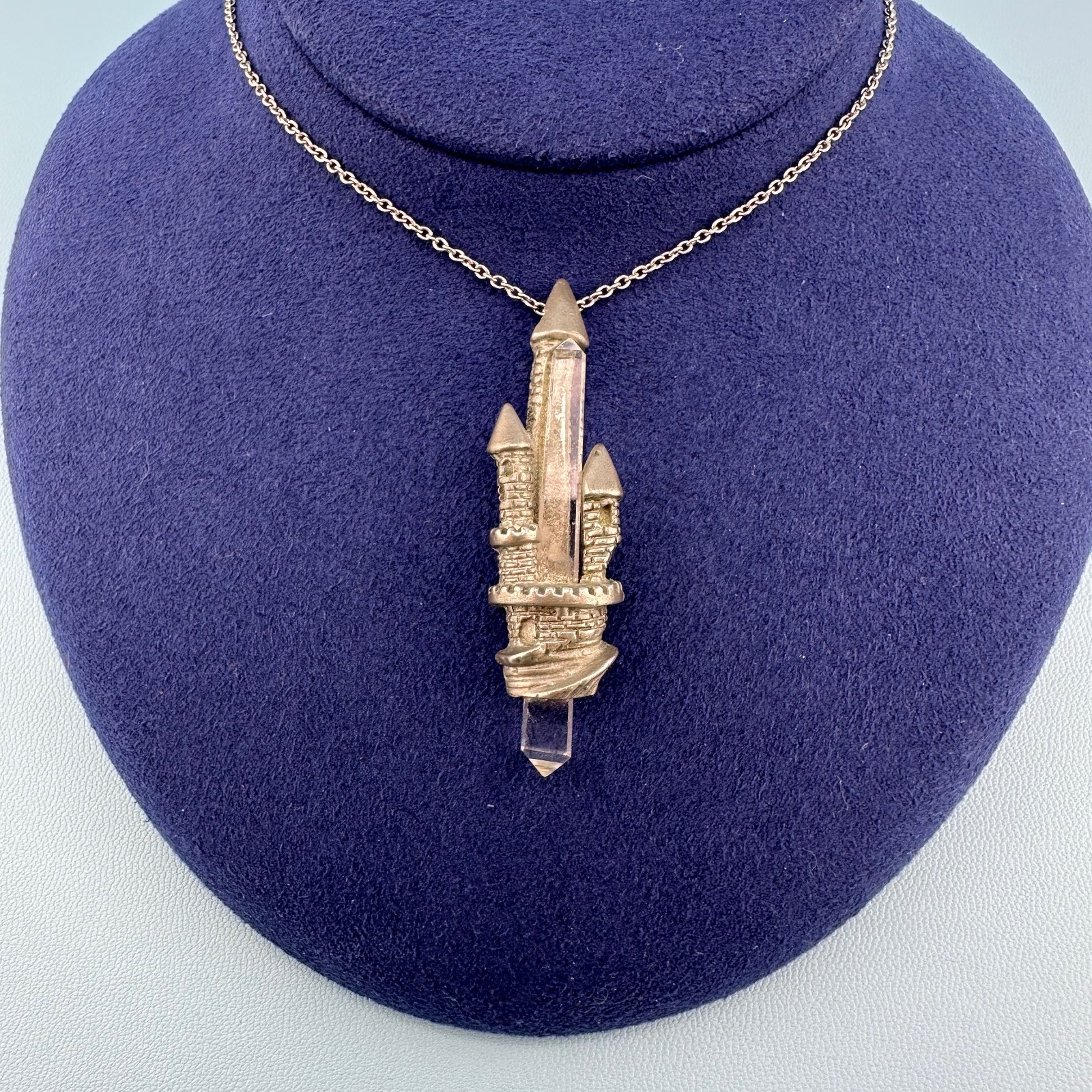 Vintage Quartz Crystal Castle Pendant Necklace Pewter Silver Tone Fantasy Signed