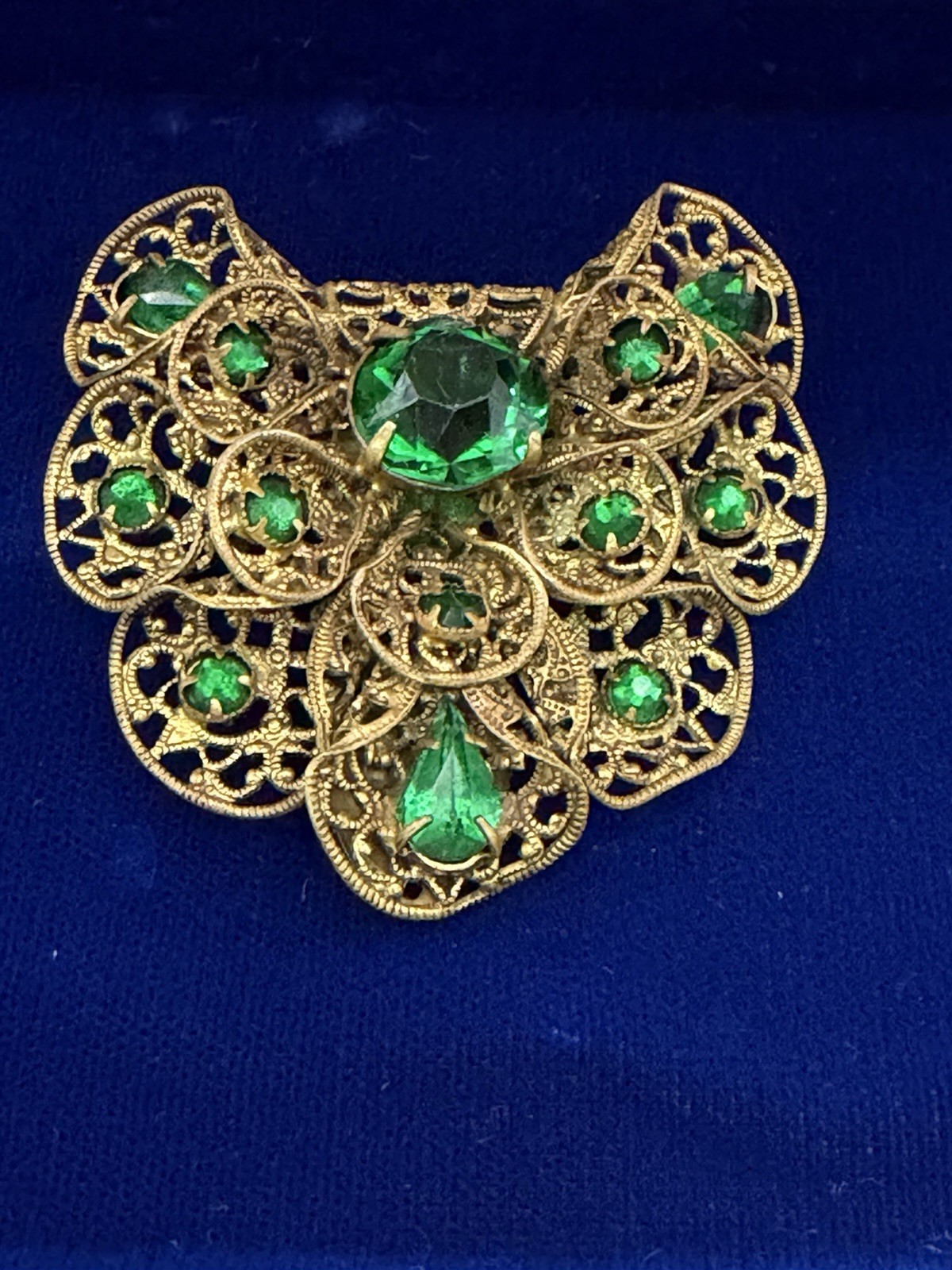 Victorian Czech Gold Tone Filagree Green Stone Dress Clip/ Pin Antique