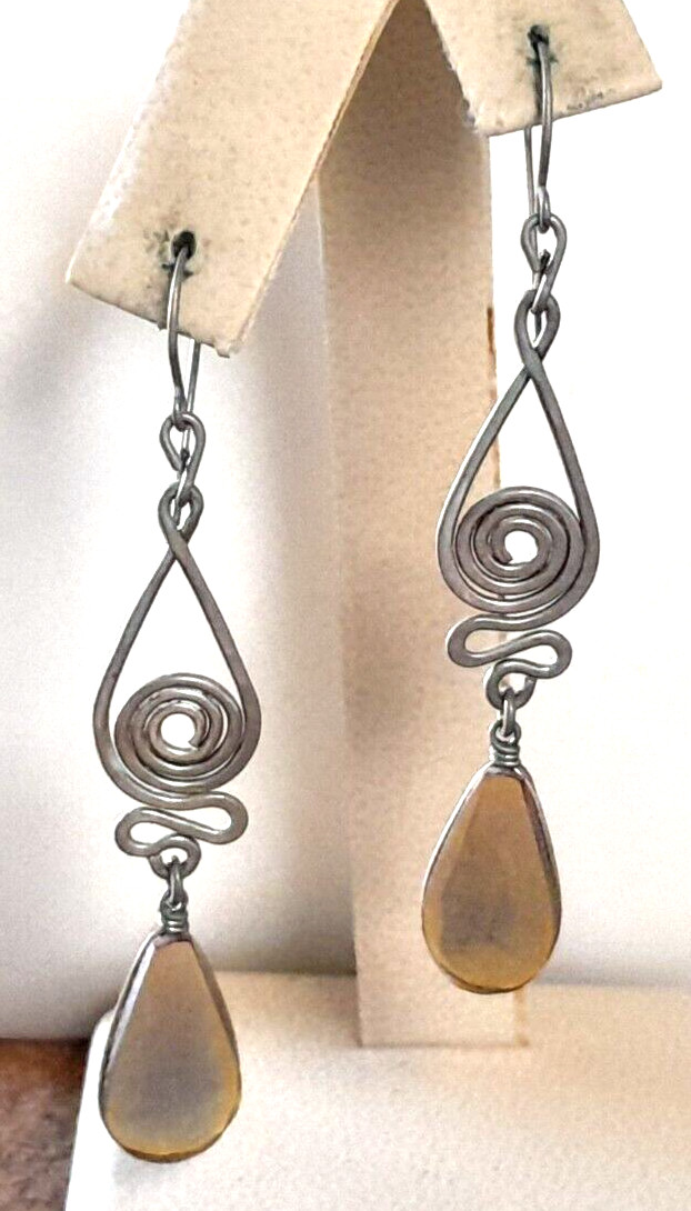 Vintage Artisan Ethnic Brown Teardrop 2.5″ Silver Tone Dangle Pierced Earrings