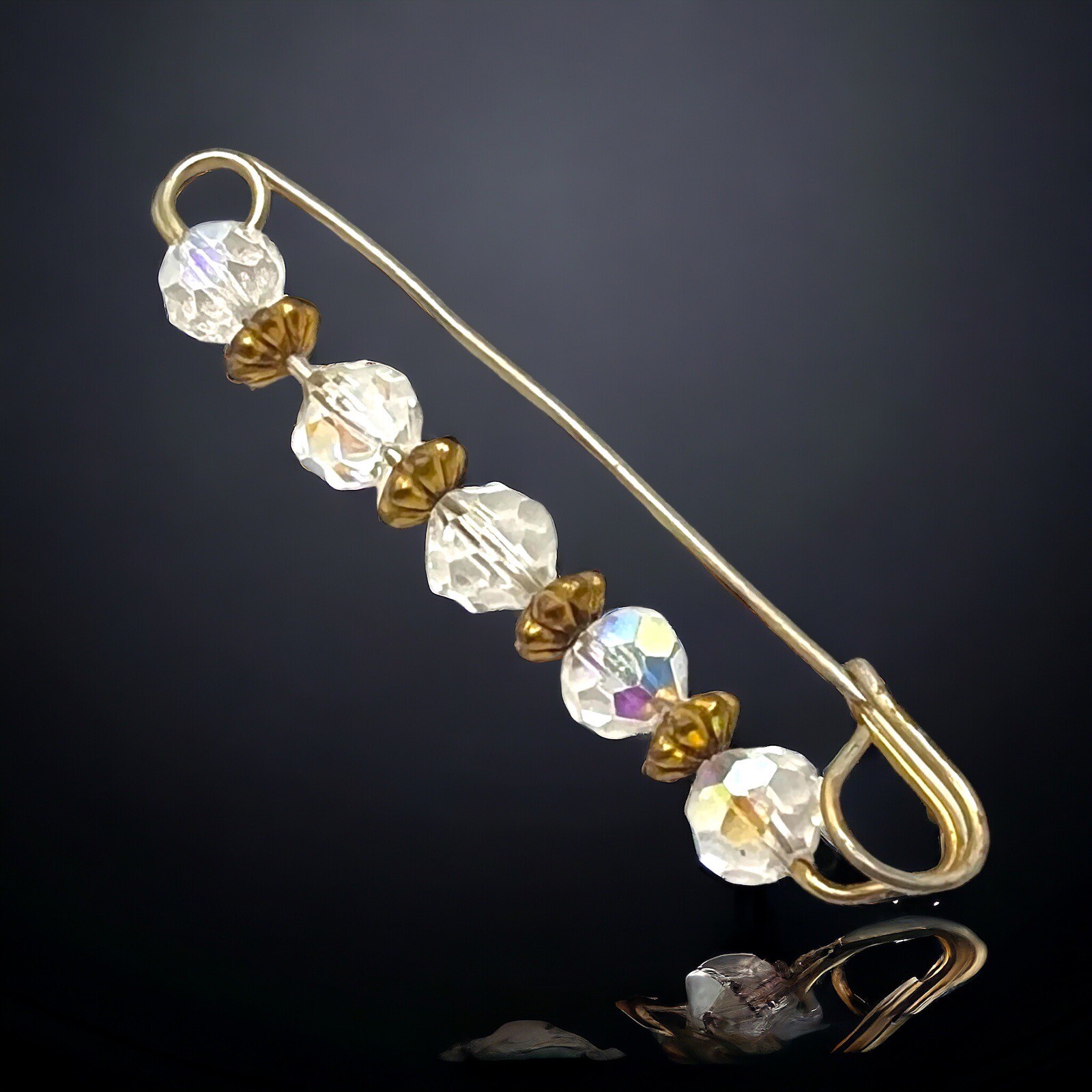 Aurora Borealis Kilt Pin Crystal Glass Bead Sweater Brooch Gold Tone