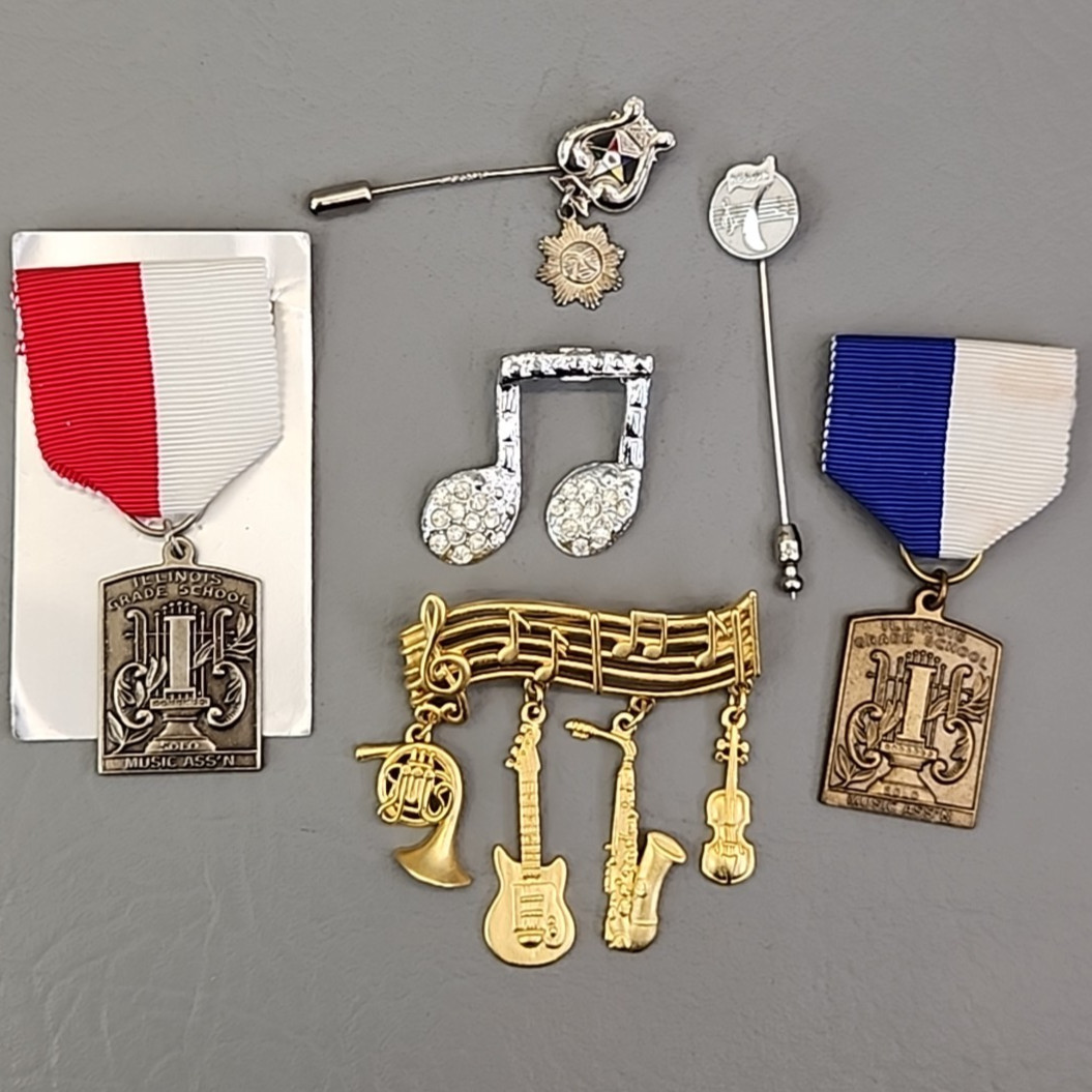 Vintage Music Lot of 6 Brooch, Medals, Stick Pins Notes Instruments