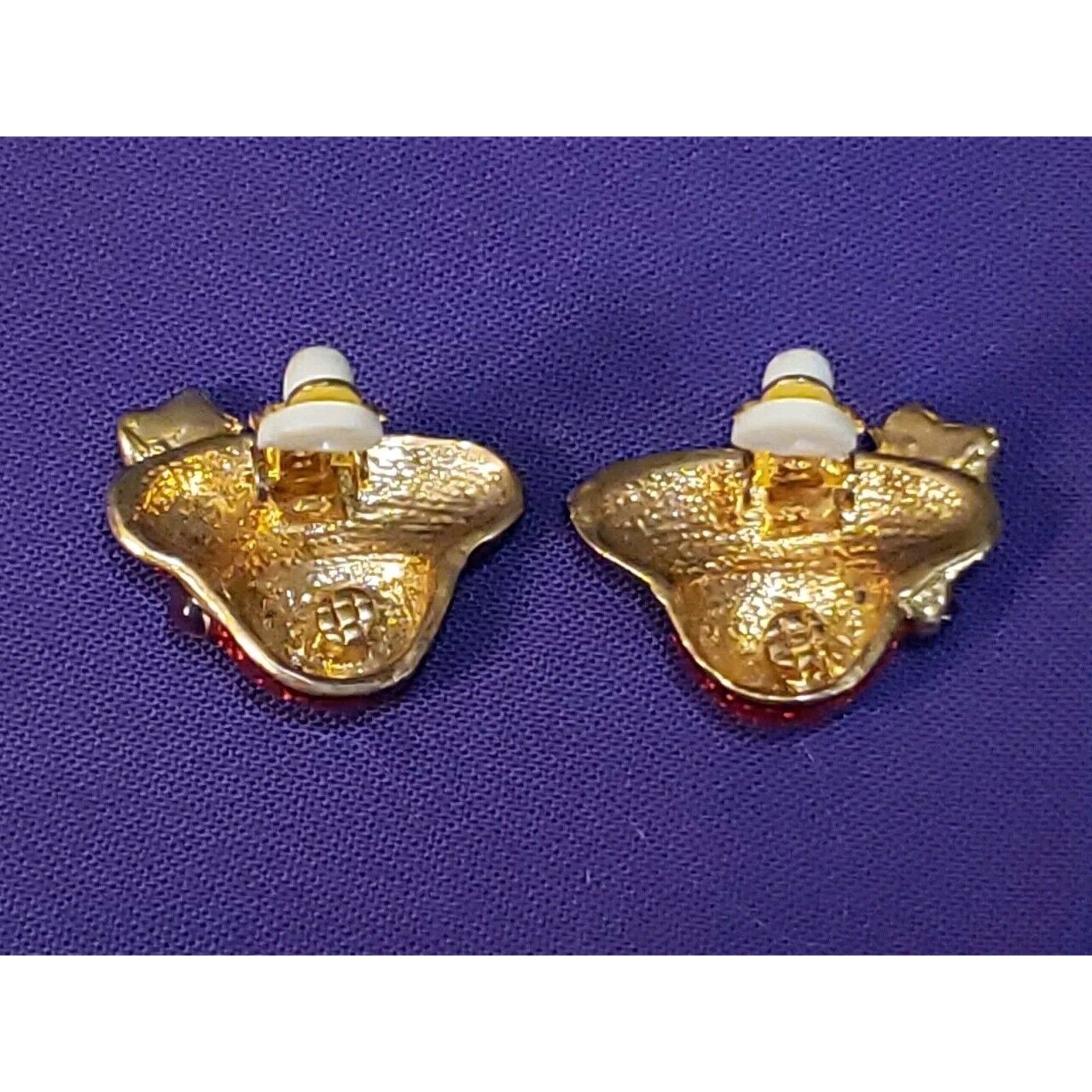 Red Hat Clip On Earrings, Red & Purple Enamel Aurora Borealis Crystals Gold Tone