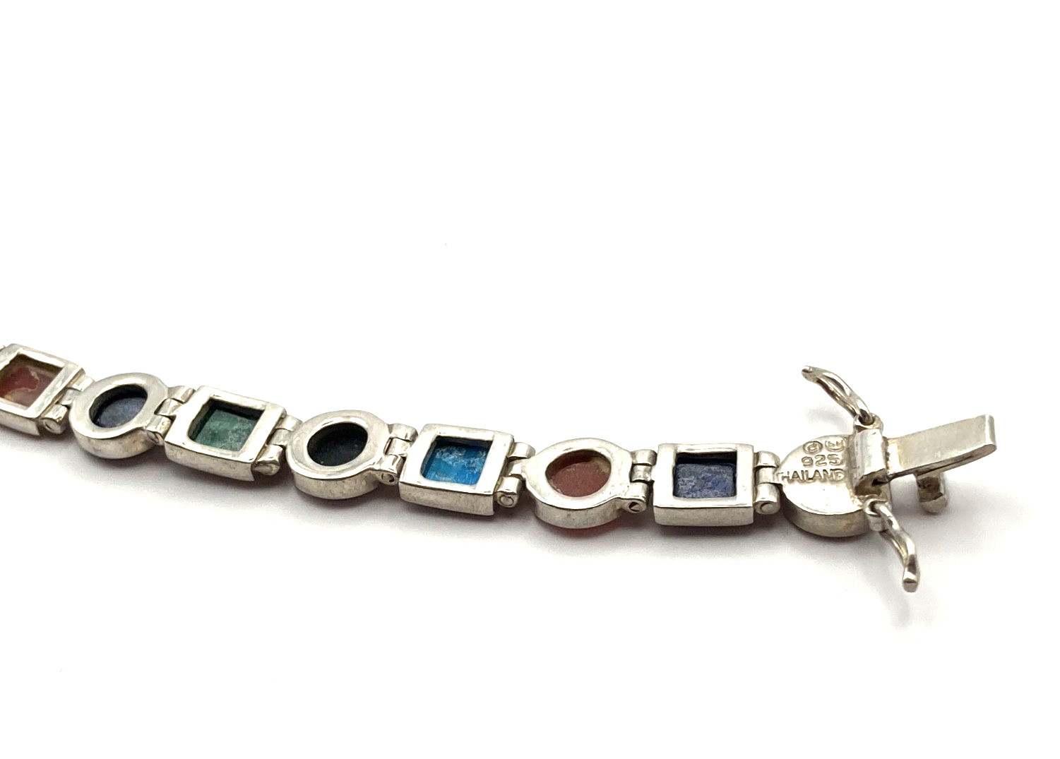 Vintage Sterling Silver Multi-Gemstone Signed Link Bracelet-Hinged-Flexible