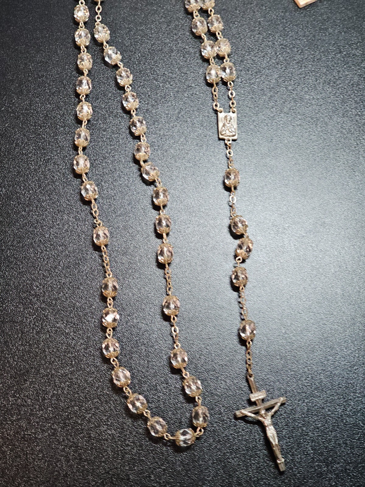 Vtg Crystal Glass Rosary Crucifix Necklace