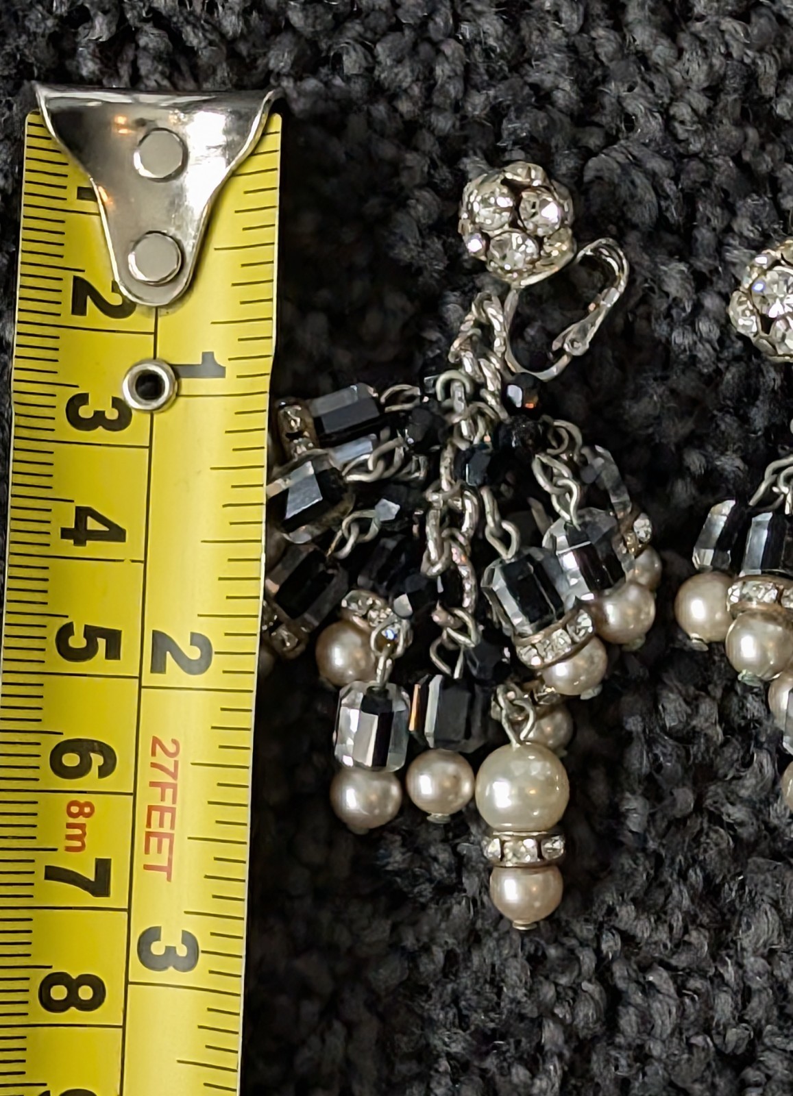 Vintage Vendome? Black & Clear Givre Glass Czech Beads Chandelier Clip Earrings