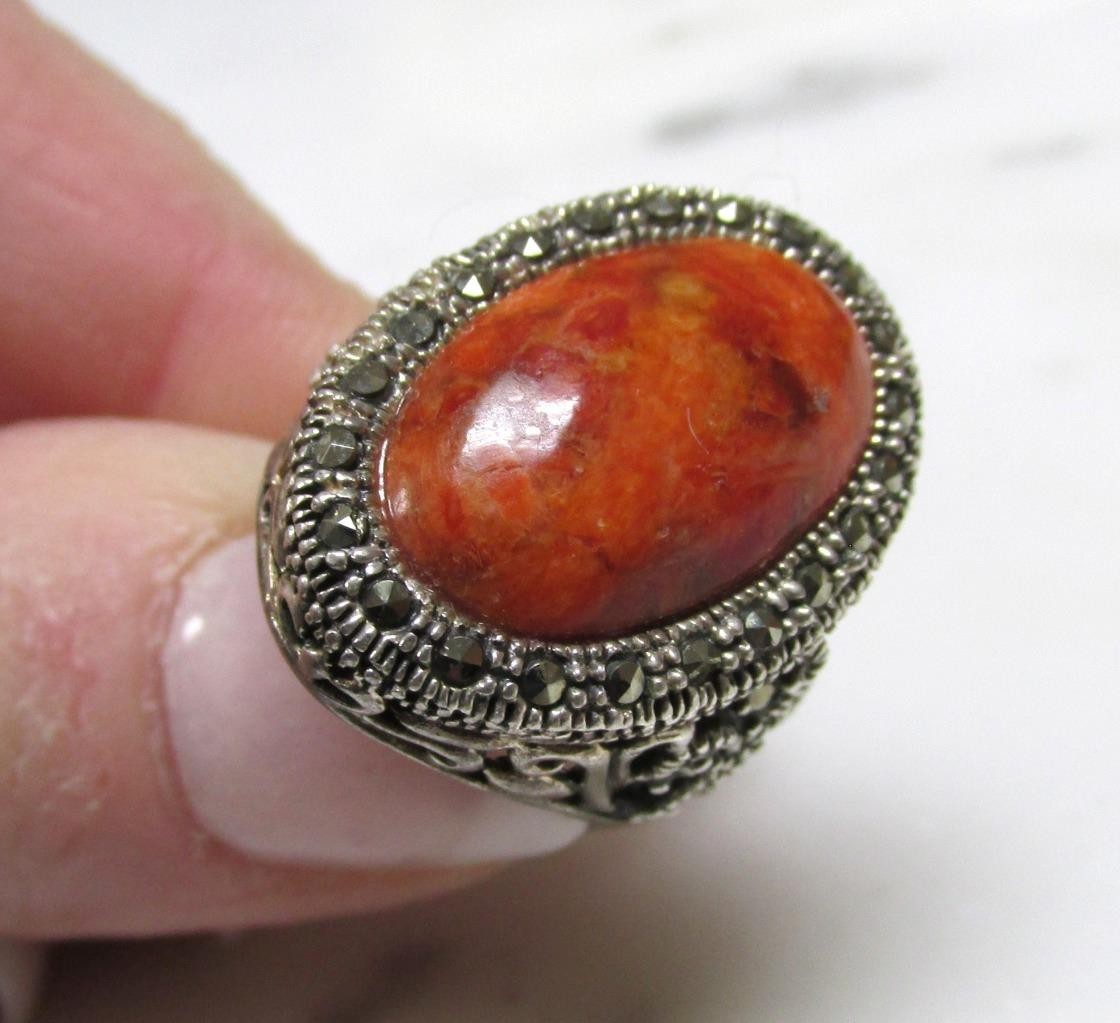 Sponge Coral Sterling Silver Ring w/ Marcasites ~ Size 6.5 ~ 9.8g ~ 12-A682
