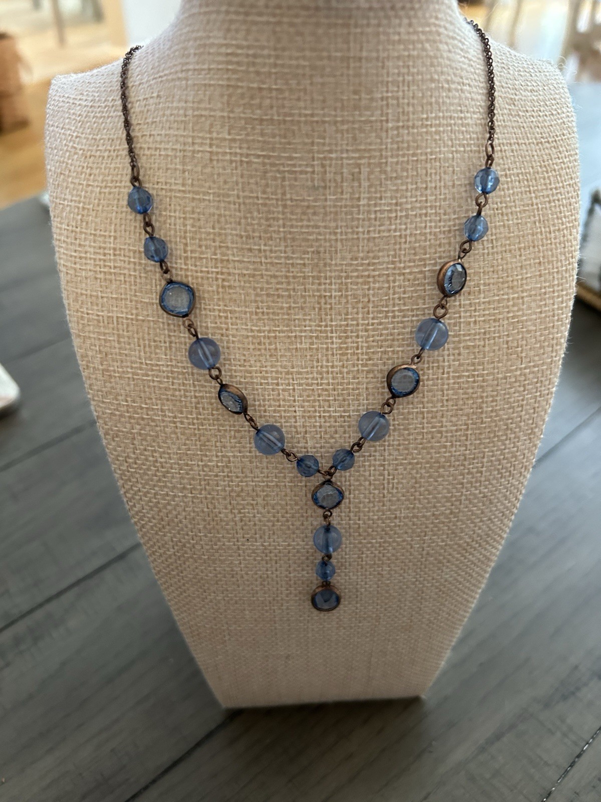 Vintage 1928 Smoky Blue Beads On 16” Bronze Chain With 3” Extender