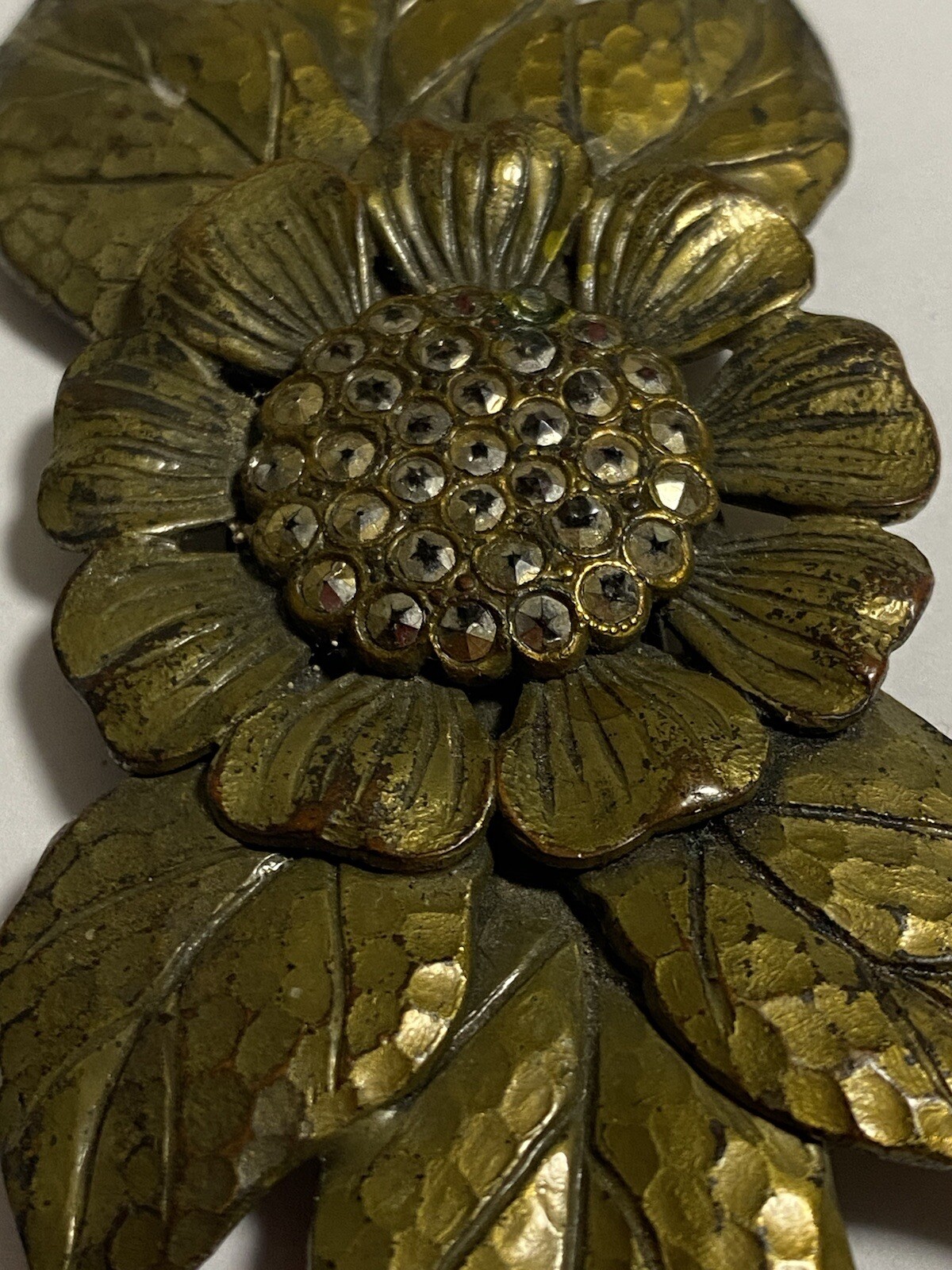 VTG Art Deco NU VOGUE BUTTON NY Signed Floral REPOUSSE’ MARCASITE BROOCH