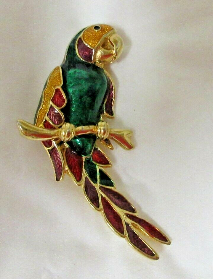 Vintage Gold Tone Green, Red, Yellow & Blue Enamel Parrot Brooch