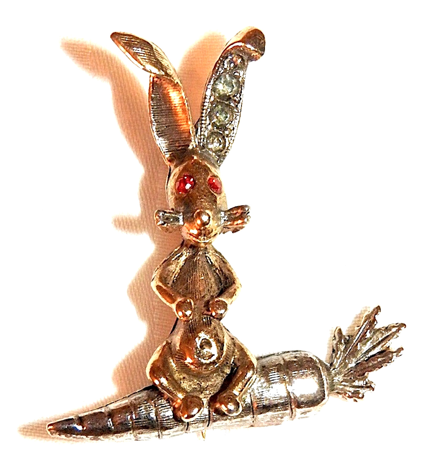 Vintage ART Brooch Bunny on Carrot with Rhinestones Signed