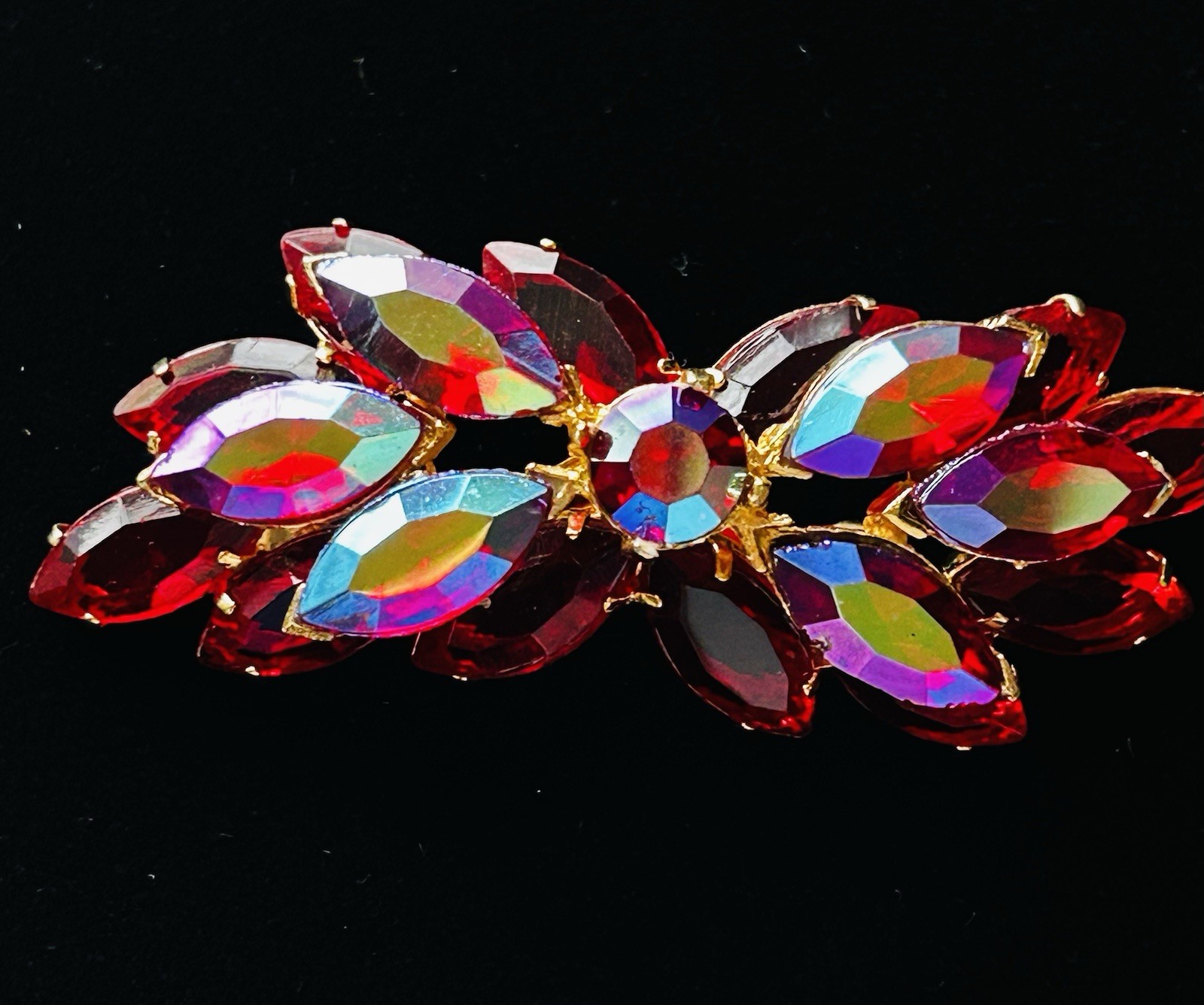 Vintage Red AB Marquise Rhinestone Gold Tone Cluster Brooch Pin 21g