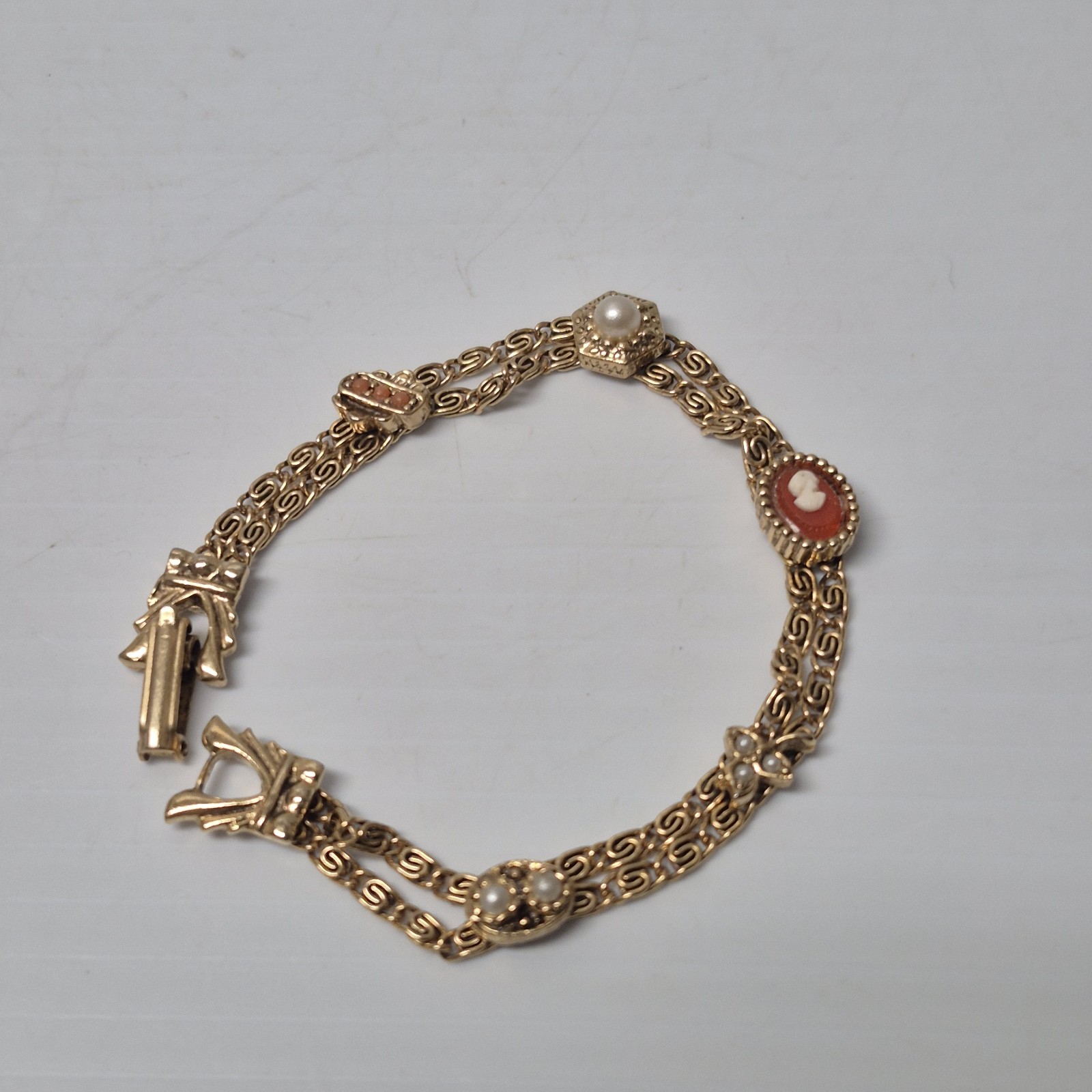 Vtg Goldette Bracelet 7″ Double Strand Charm Station Bracelet Cameo Mid Century