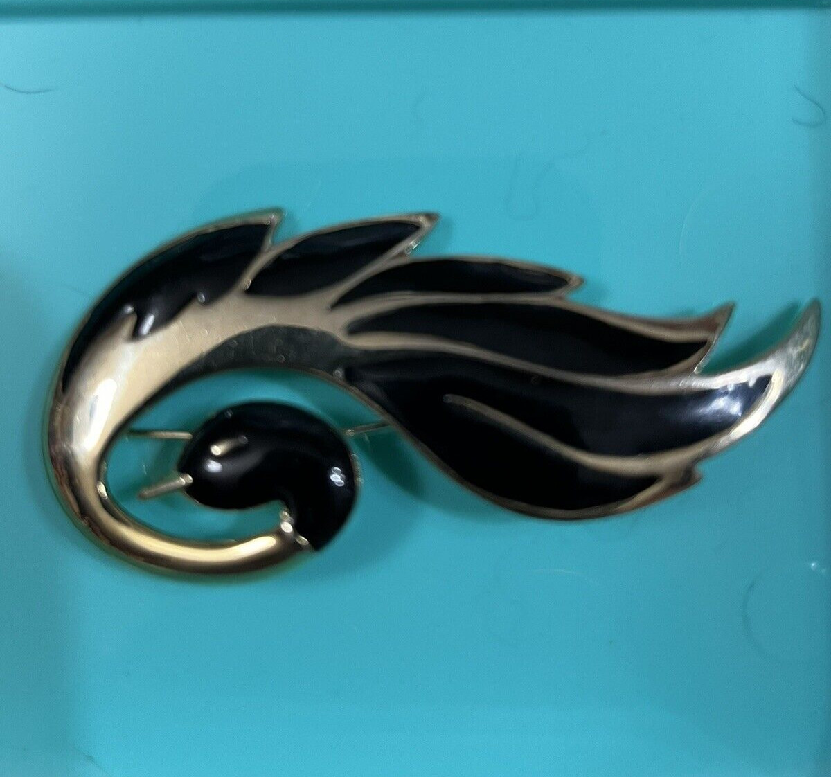 ORENA Paris brooch Gold tone And Black Enamel Bird Vintage 3” X 1-1/4”