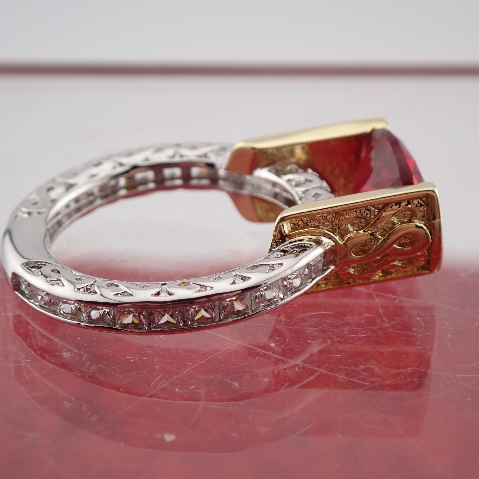 Vintage Tension Set Oval Red Crystal Clear Sides Silver Gold Tone Size 6 Ring