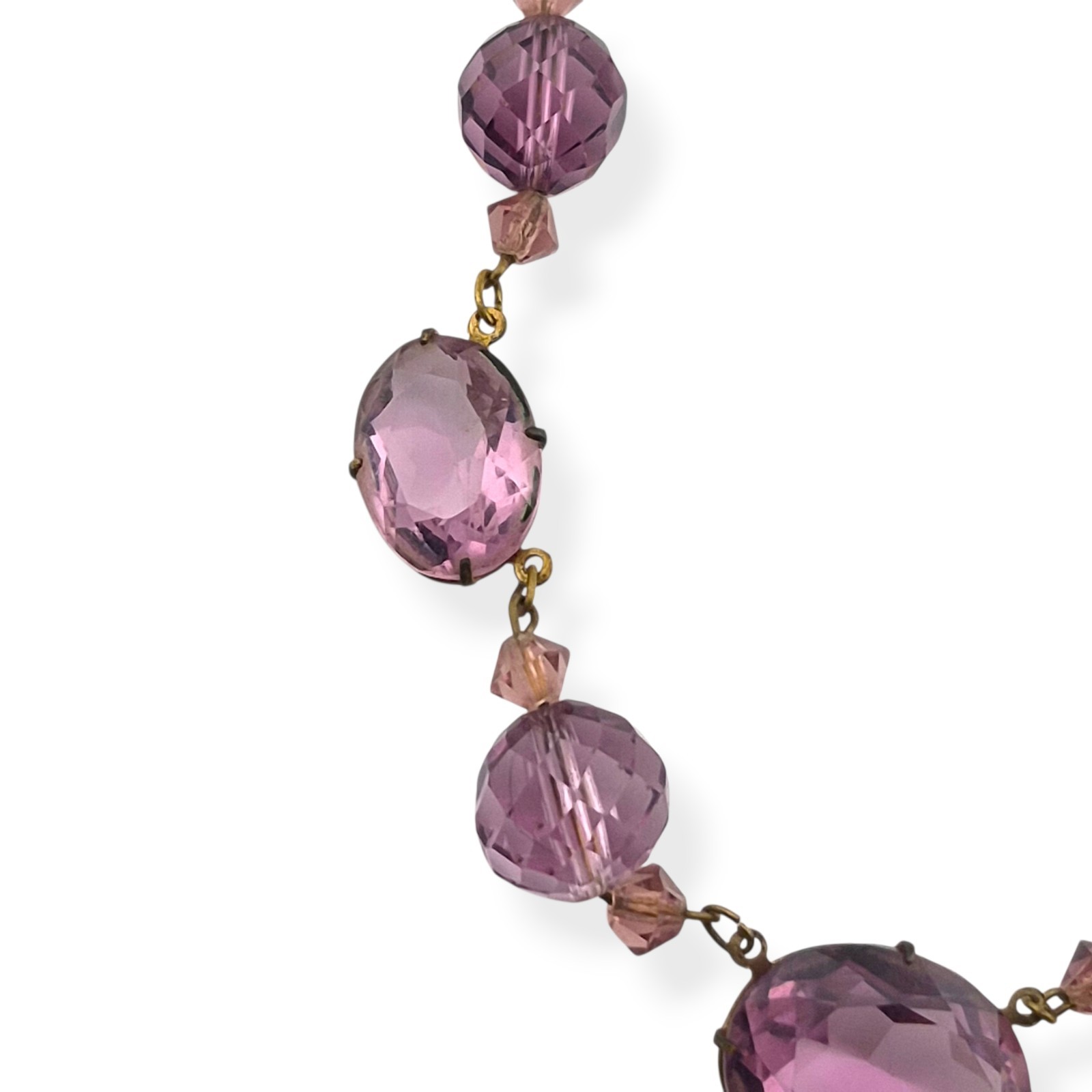 Vintage Art Deco Amethyst Purple Glass Bead Necklace Faceted Prong Set Czech