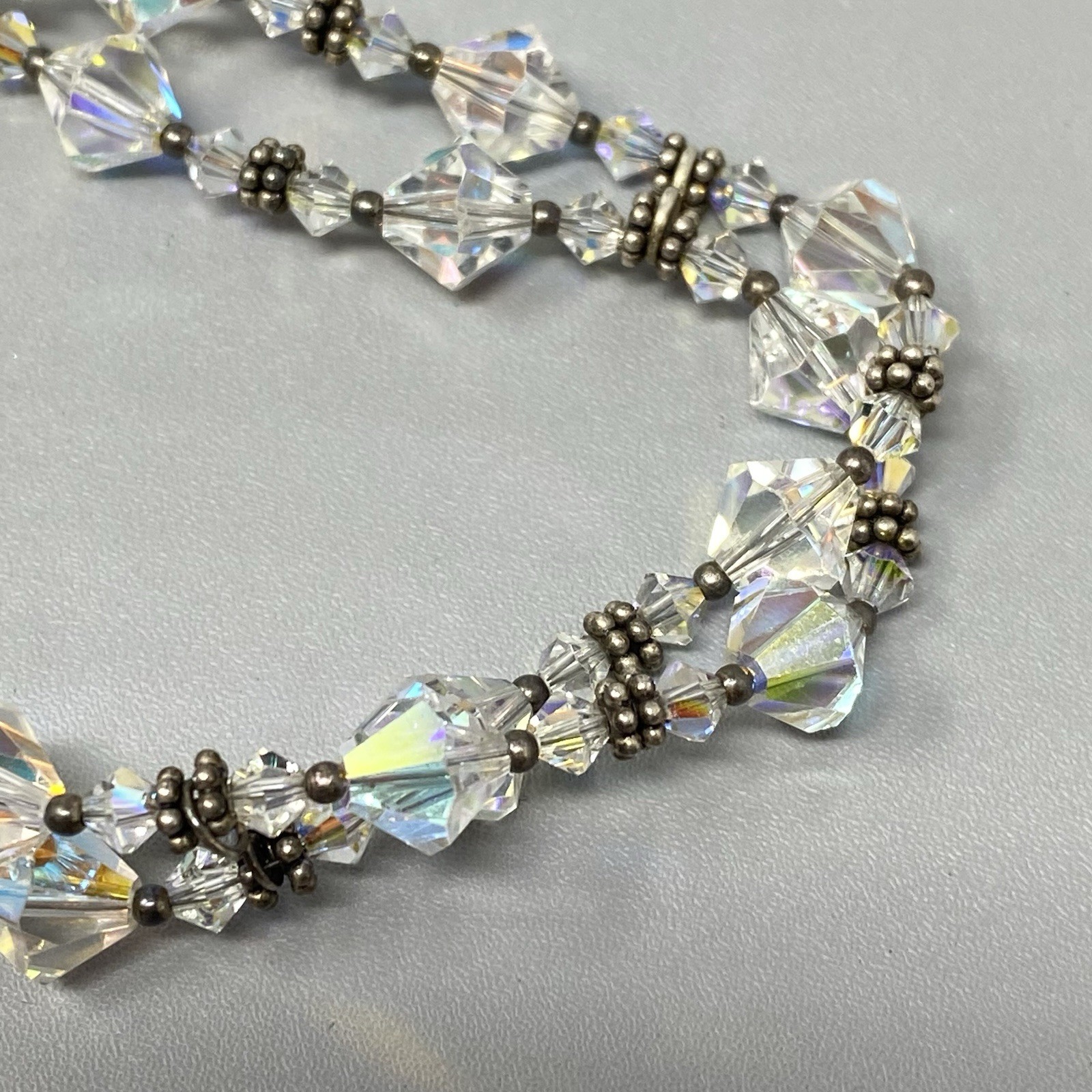 Aurora Borealis Glass Bead Bracelet Bicone Faceted Double Strand Tennis 7.5″